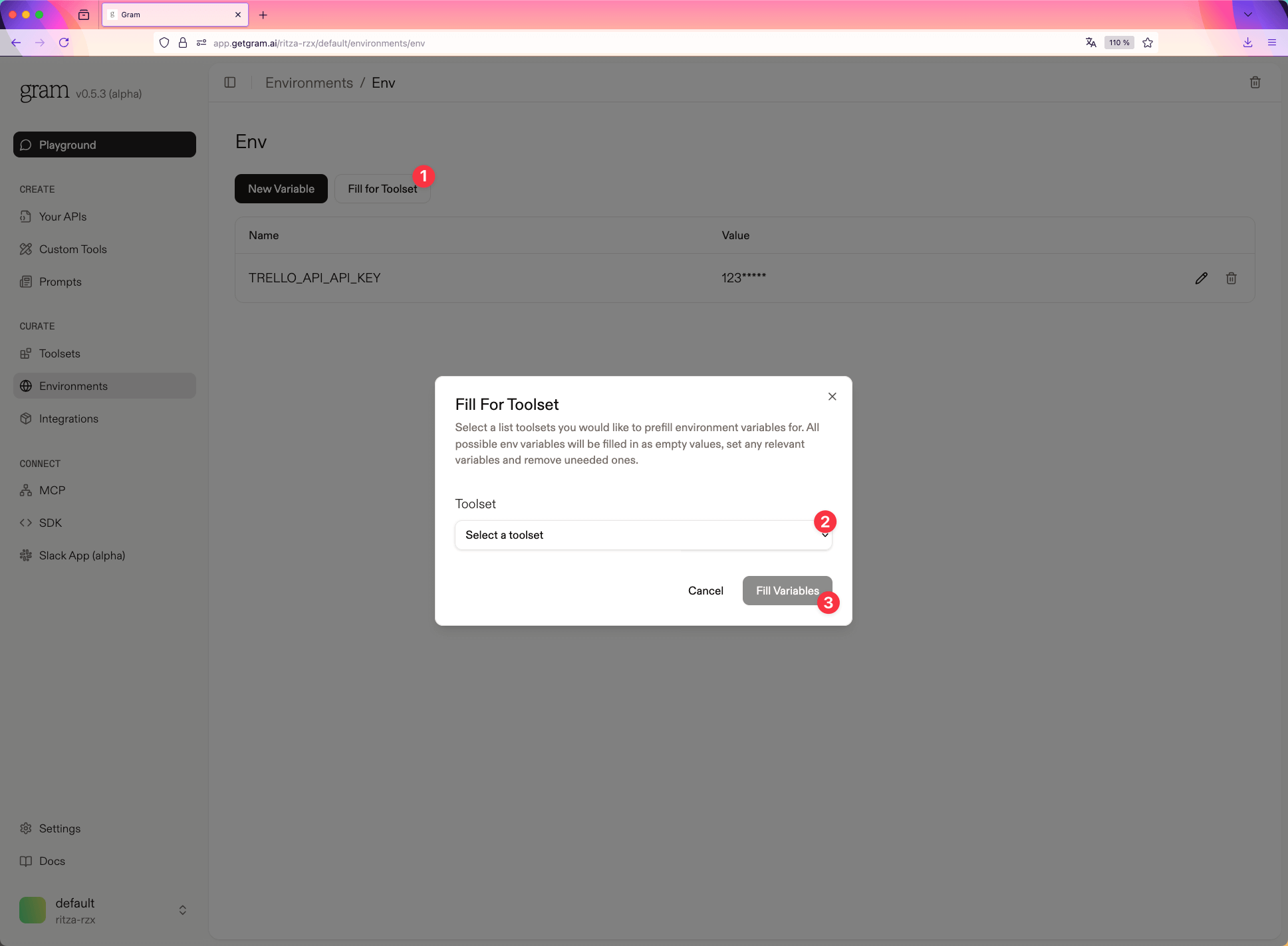 Attaching an environment to a toolset