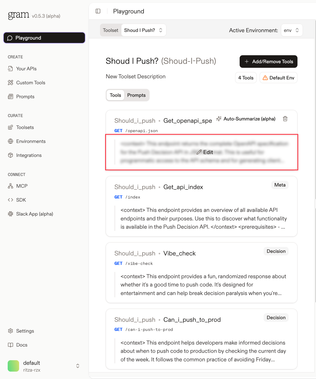 Editing a tool description