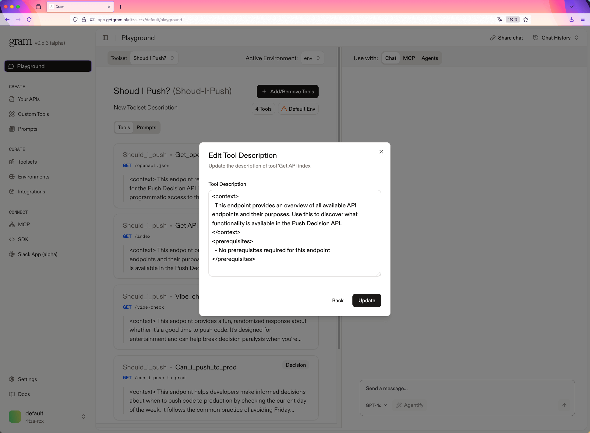 Validating tool description editing