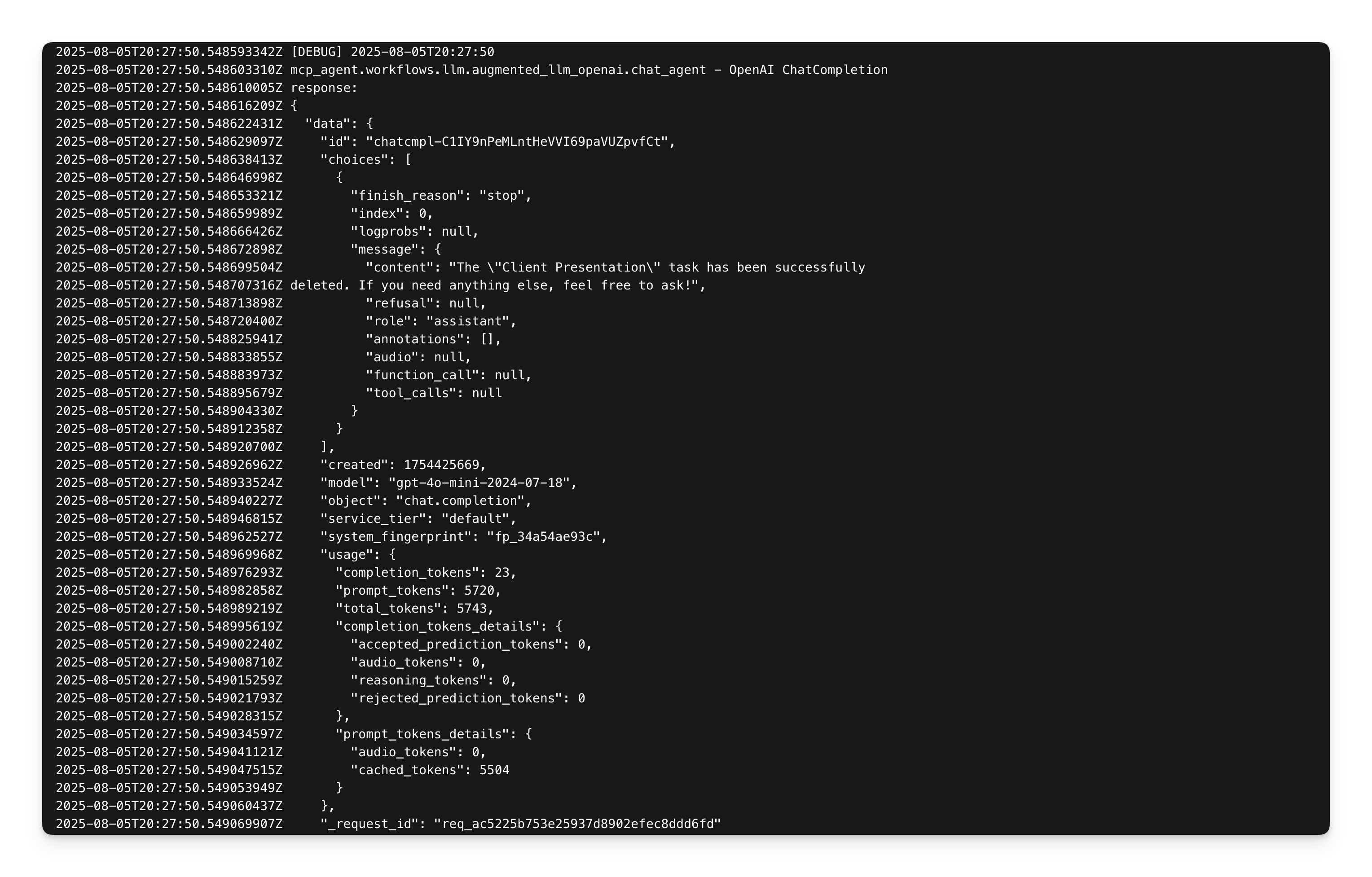 Chat service logs displayed in the terminal