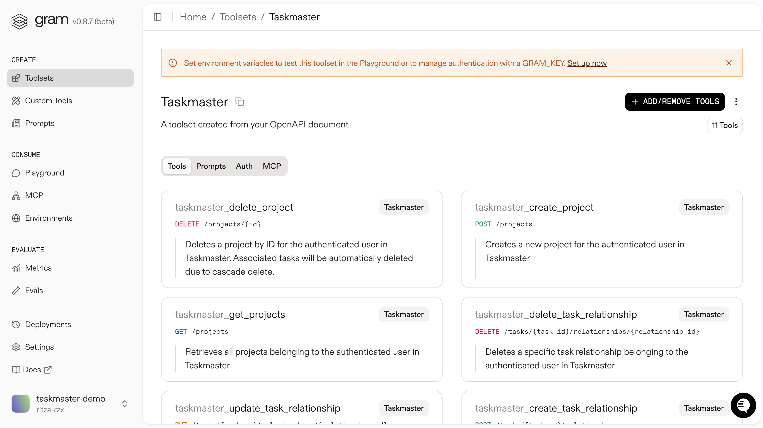 Screenshot of the Gram dashboard showing the Taskmaster toolset