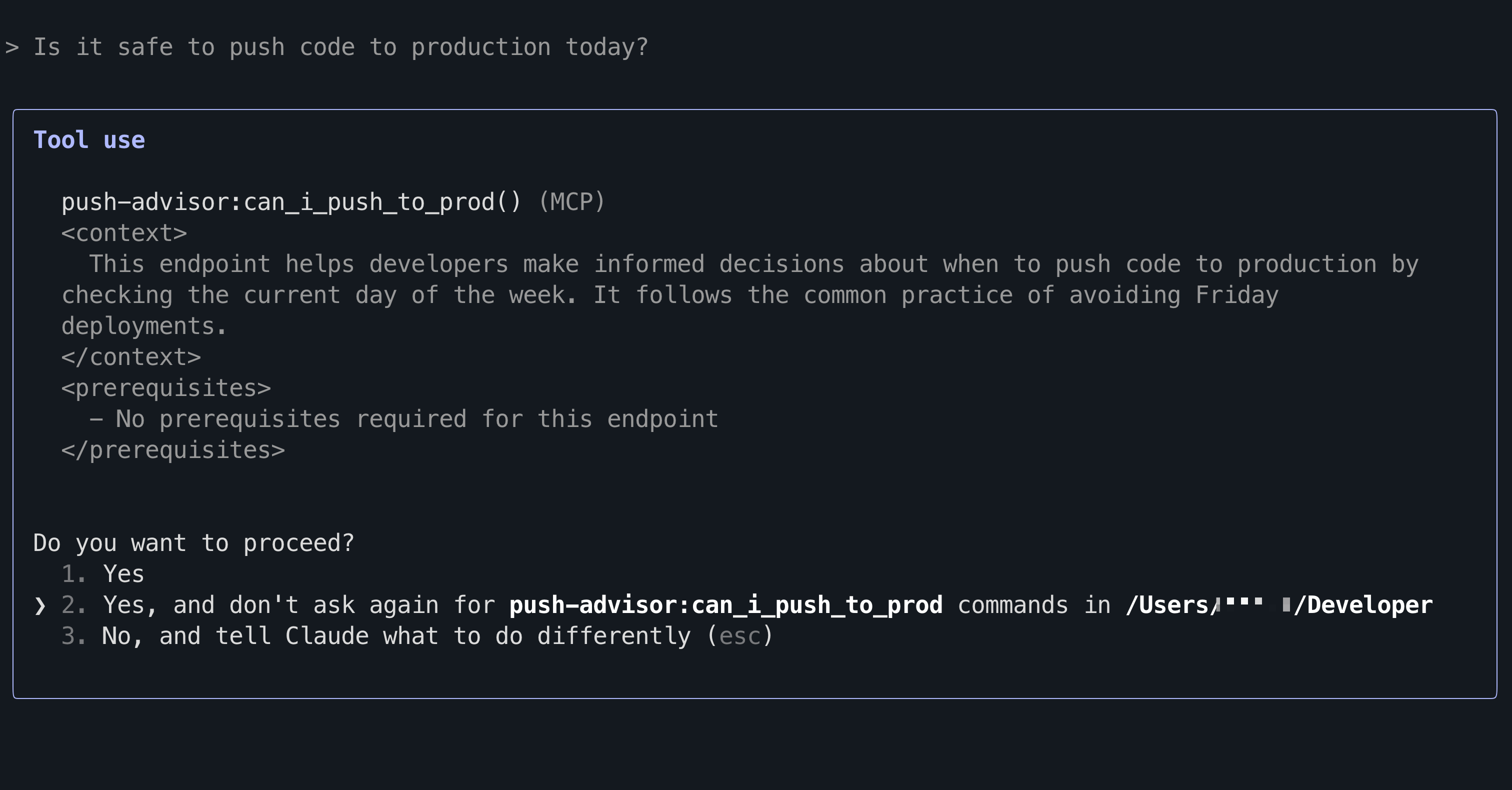 Screenshot showing Claude Code's tool permission prompt when Claude wants to use an MCP tool