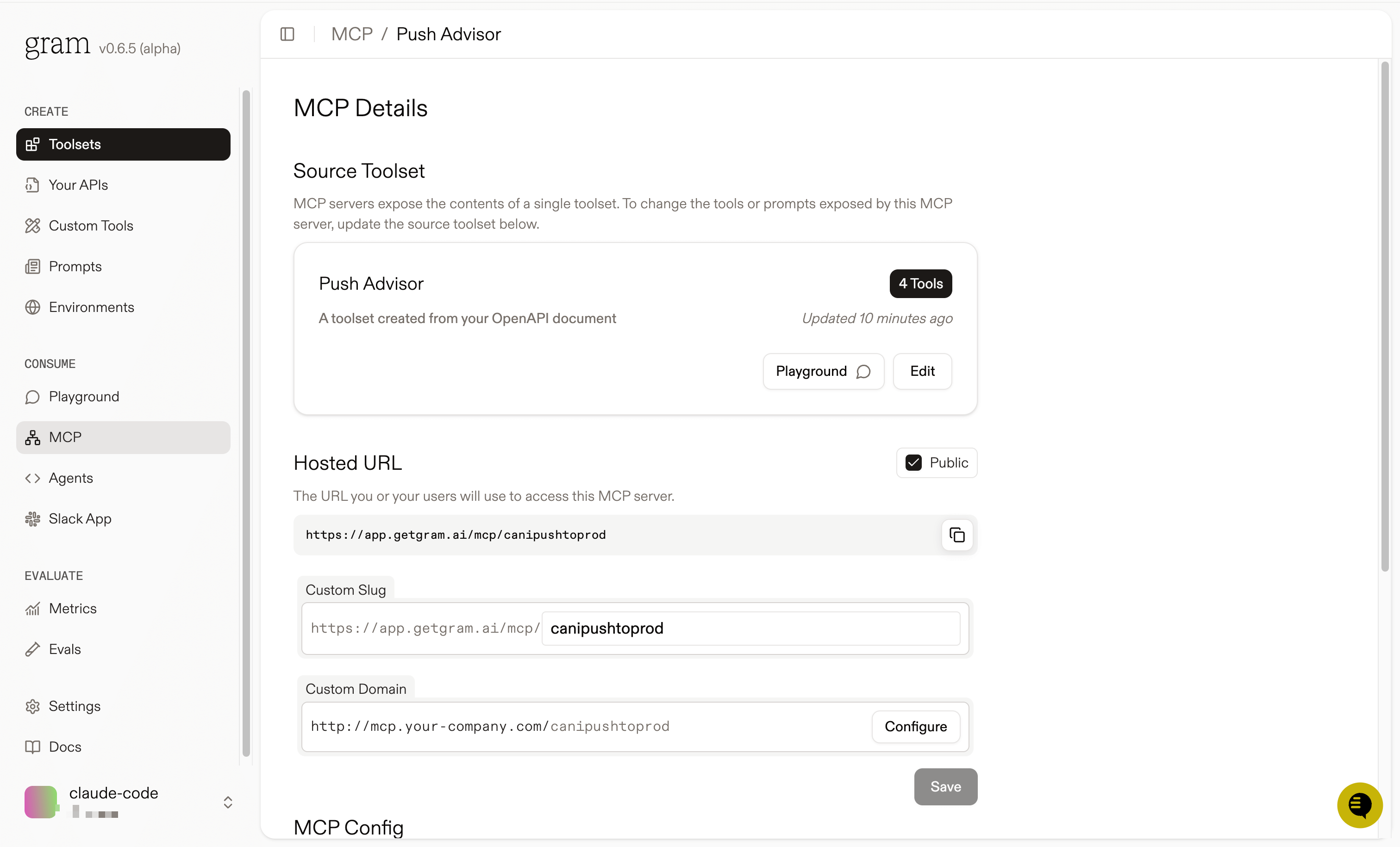 Screenshot of the MCP details page