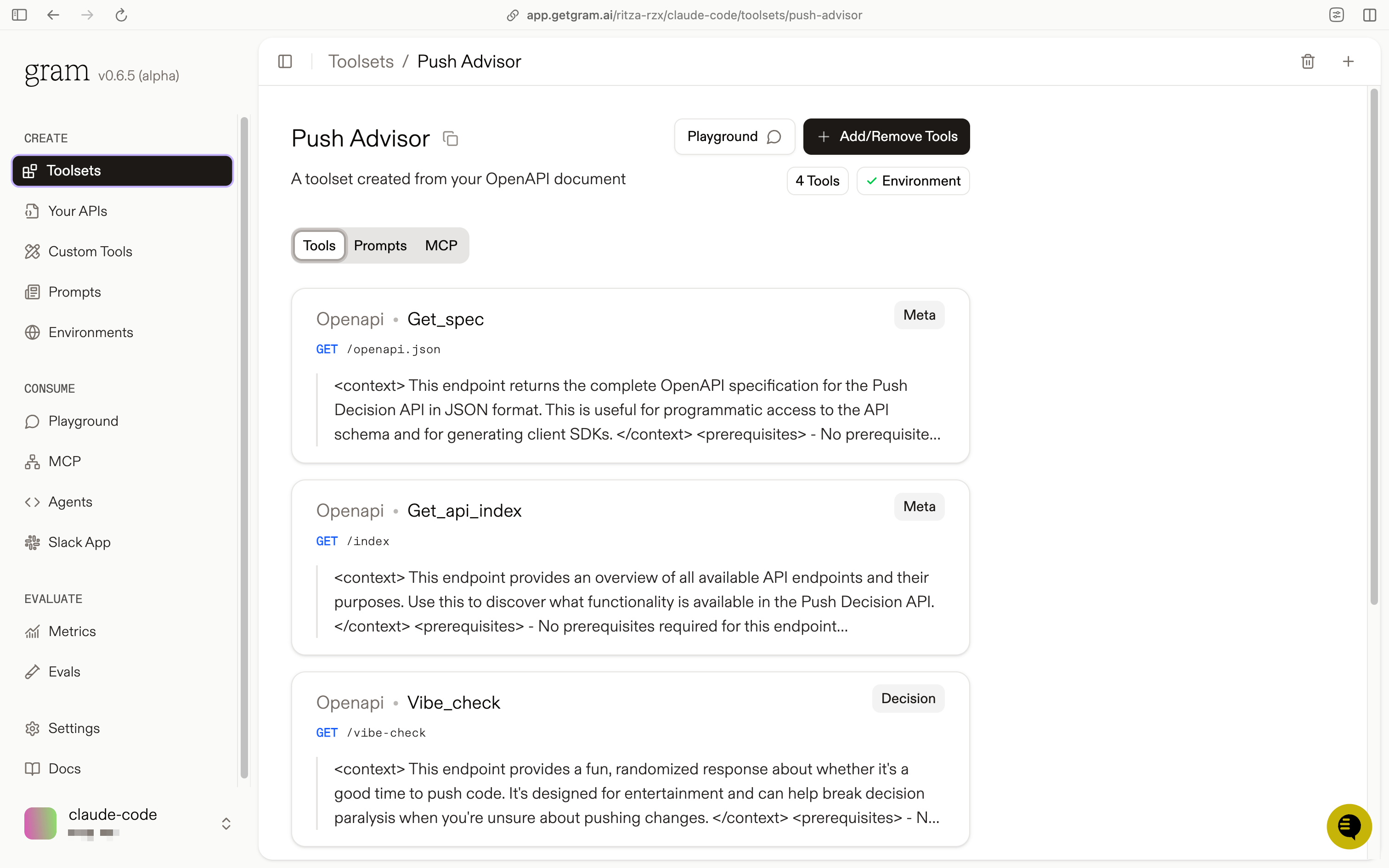 Screenshot of the Gram dashboard showing the Push Advisor toolset