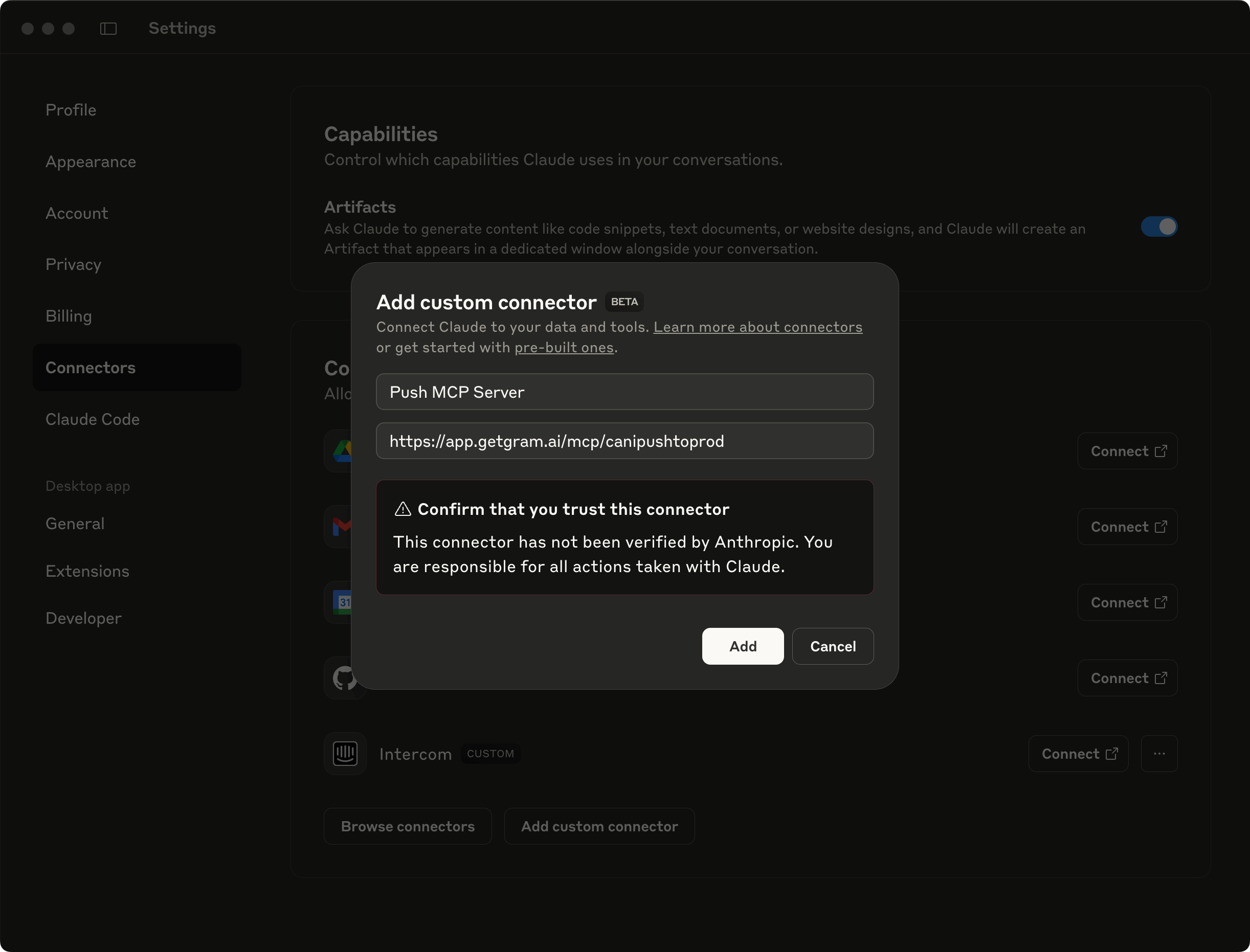 Screenshot showing the Add custom connector dialog