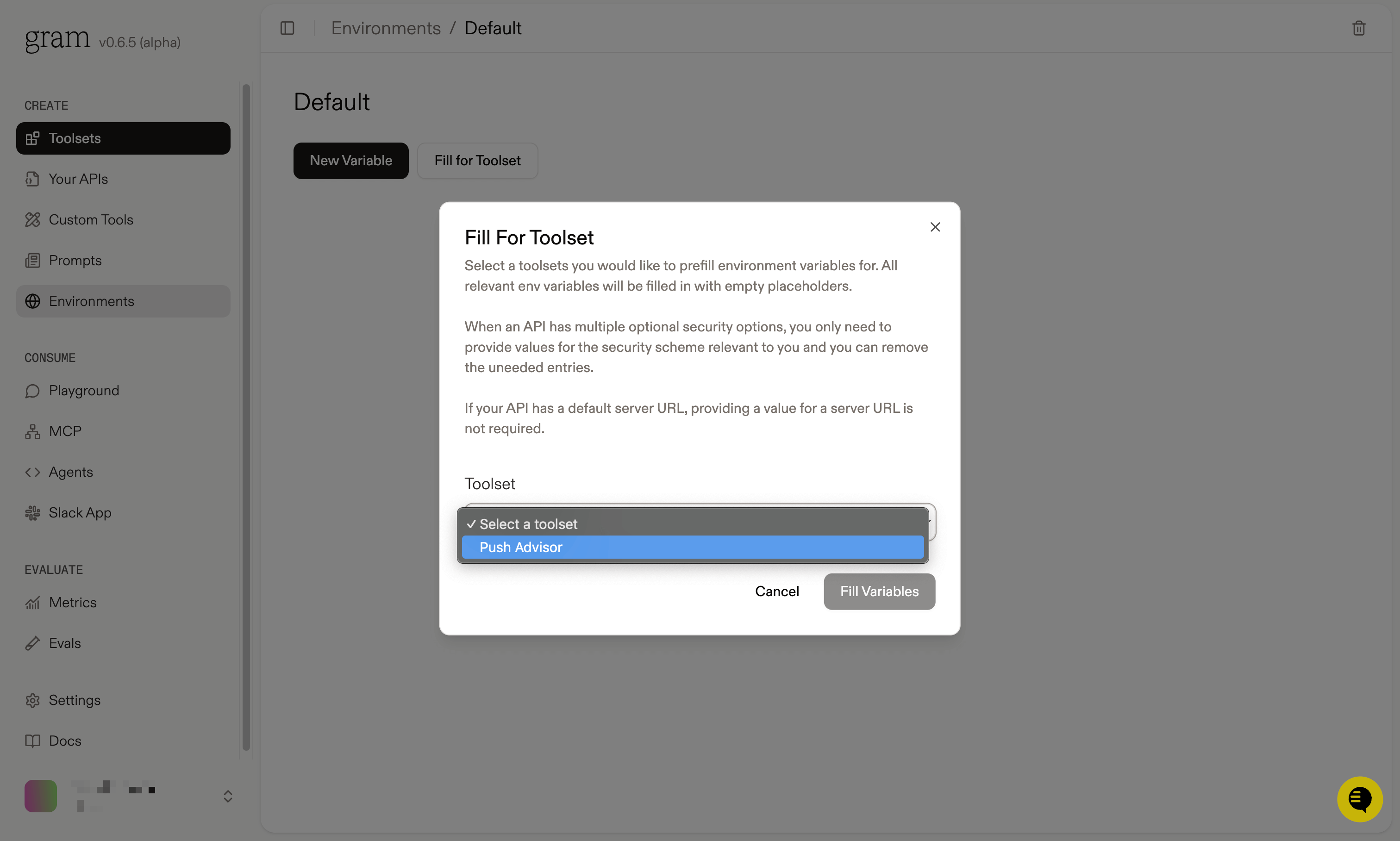 Screenshot showing the fill for toolset dialog to automatically populate required variables
