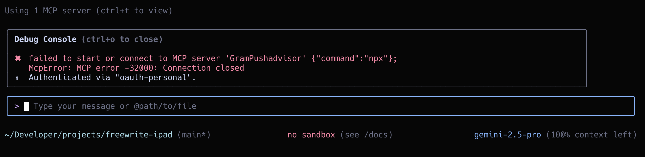 Screenshot showing the Gemini CLI Debug Console with server connection issues