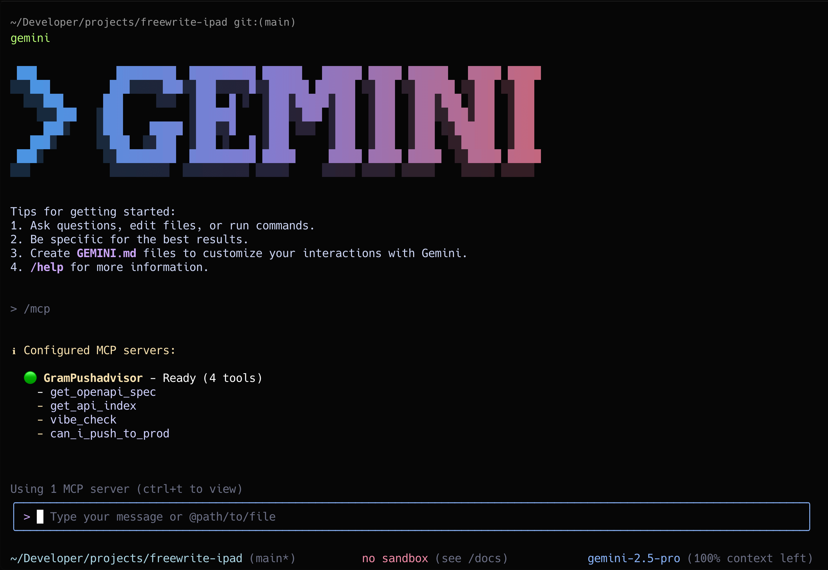 Screenshot showing Gemini CLI MCP server status with available tools