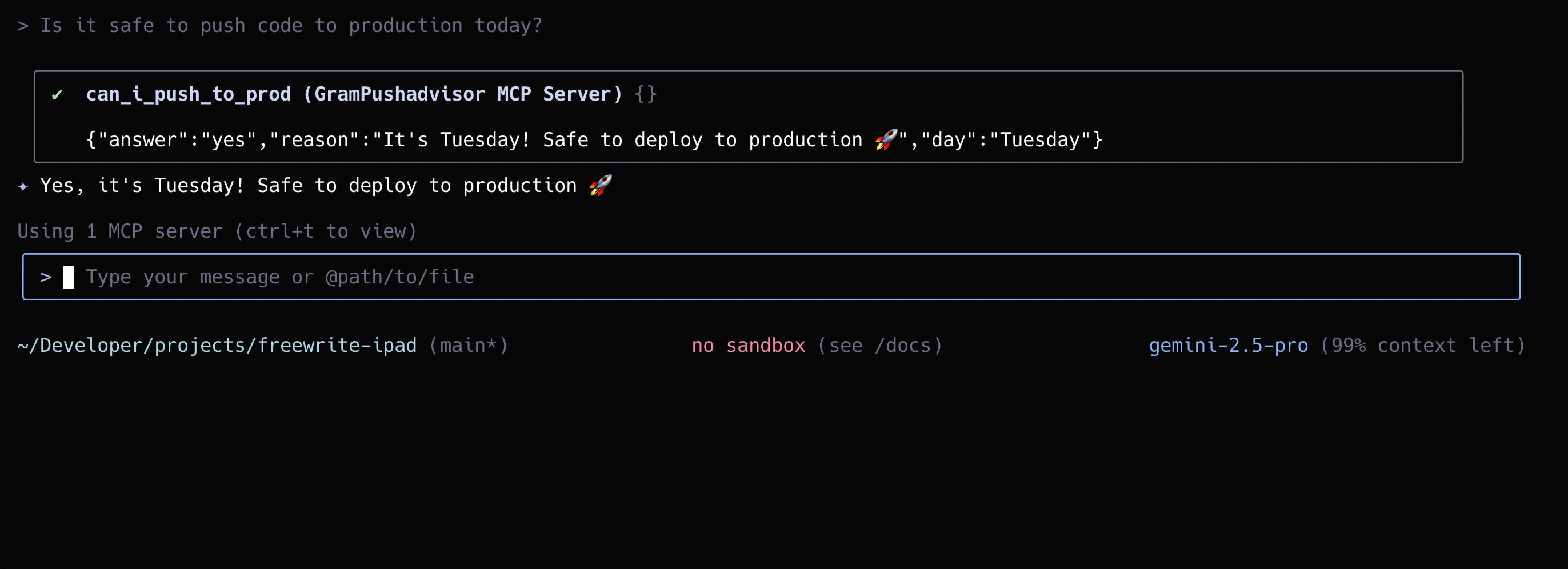 Screenshot showing the result after Gemini CLI successfully calls the Push Advisor API tool