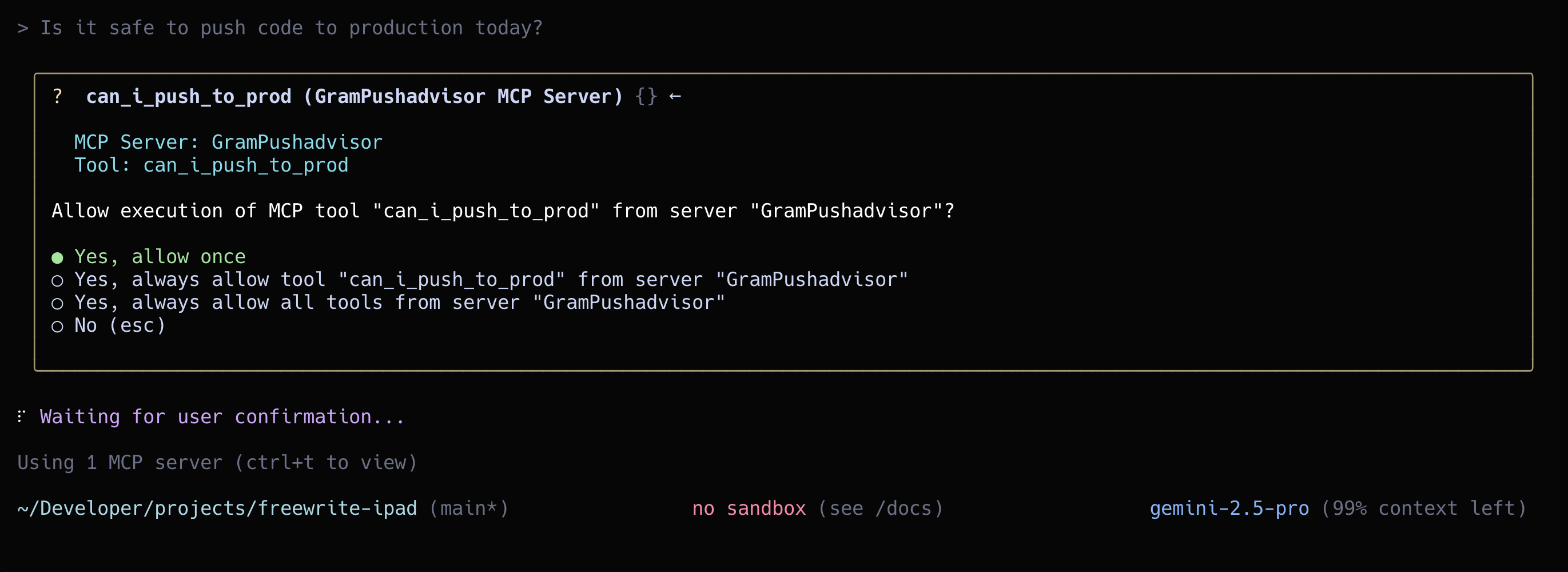 Screenshot showing Gemini CLI's tool permission prompt when requesting to use an MCP tool