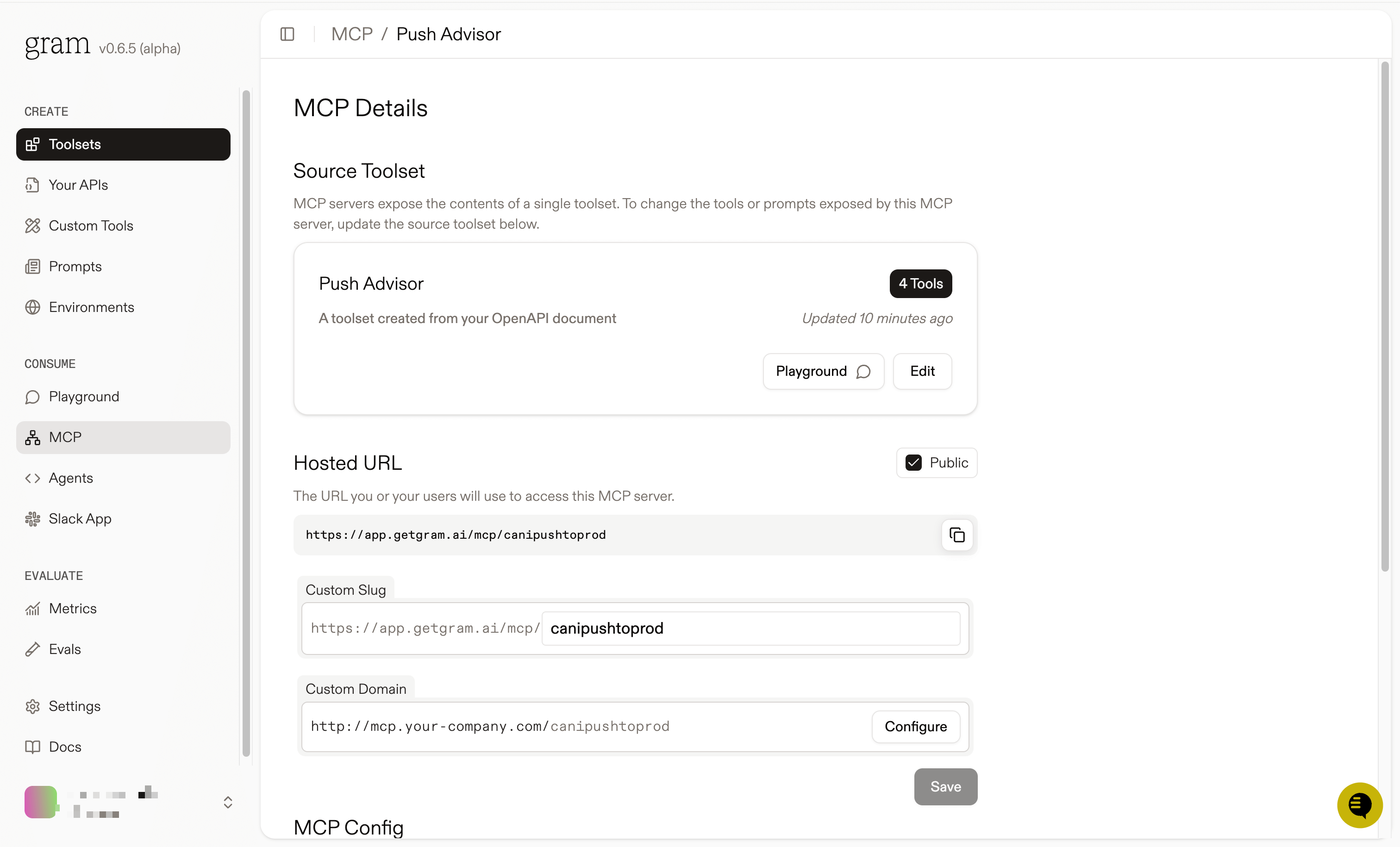 Screenshot of the MCP details page