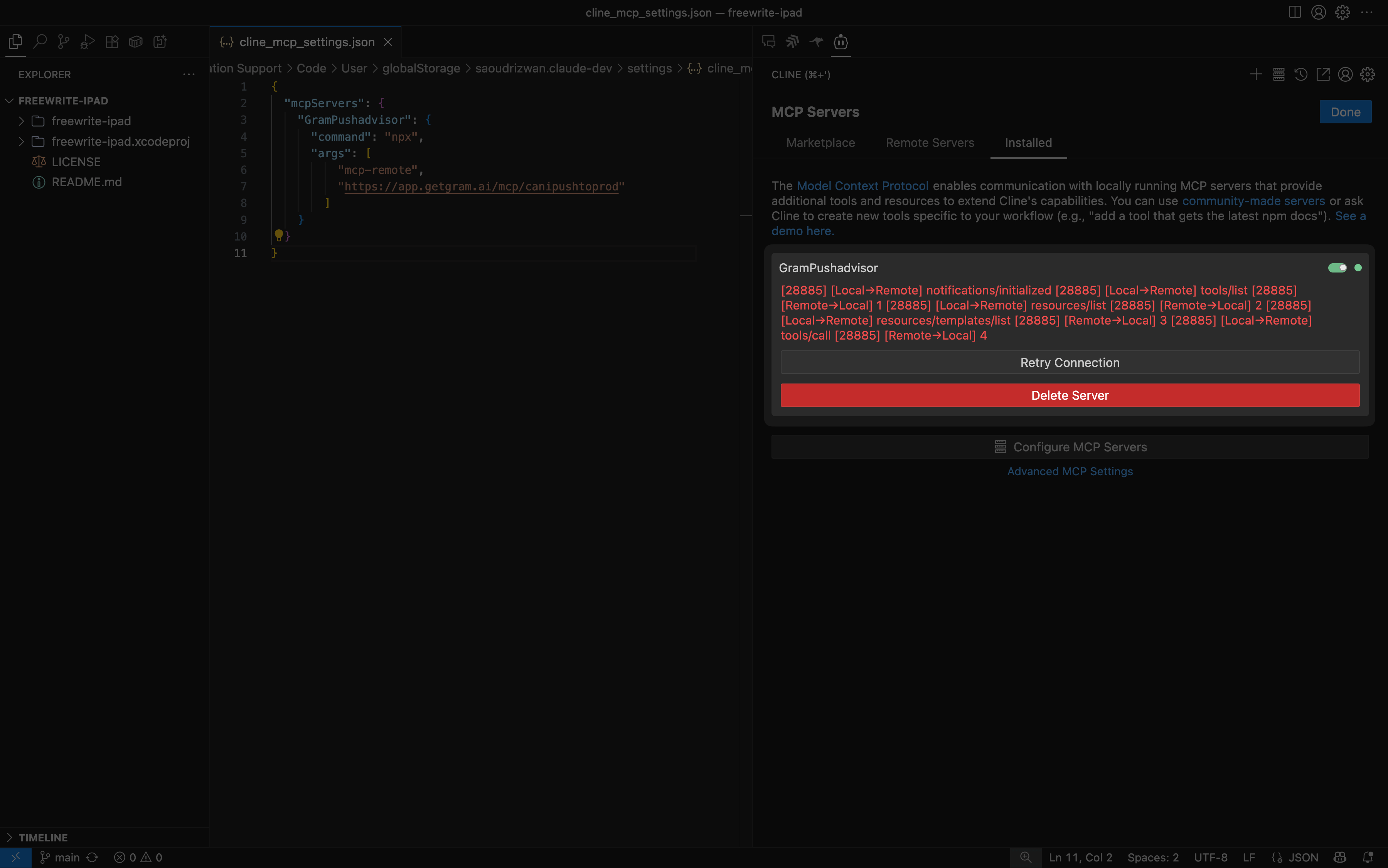 Screenshot showing the Cline MCP server list