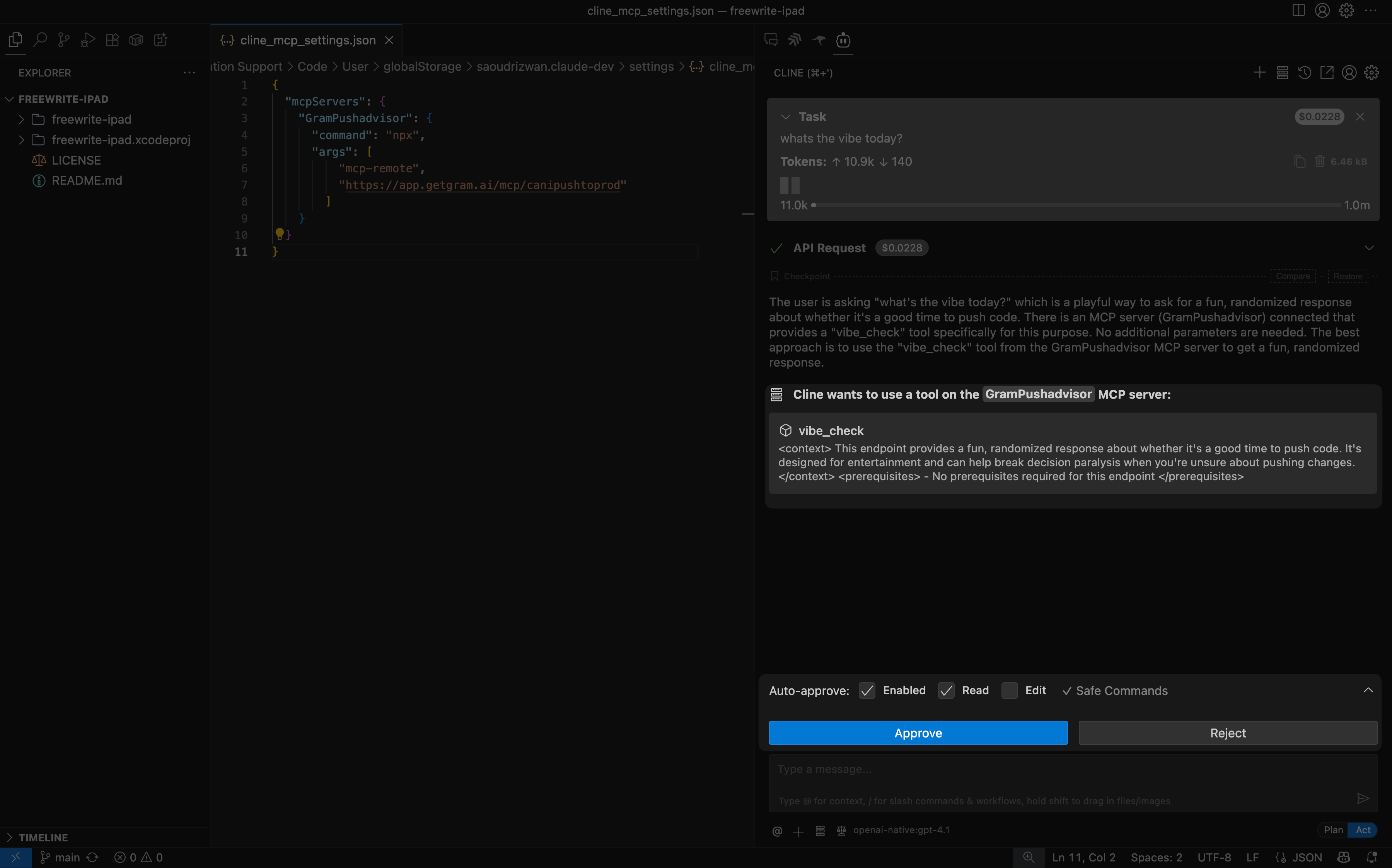 Screenshot showing Cline asking for permission to use the tool