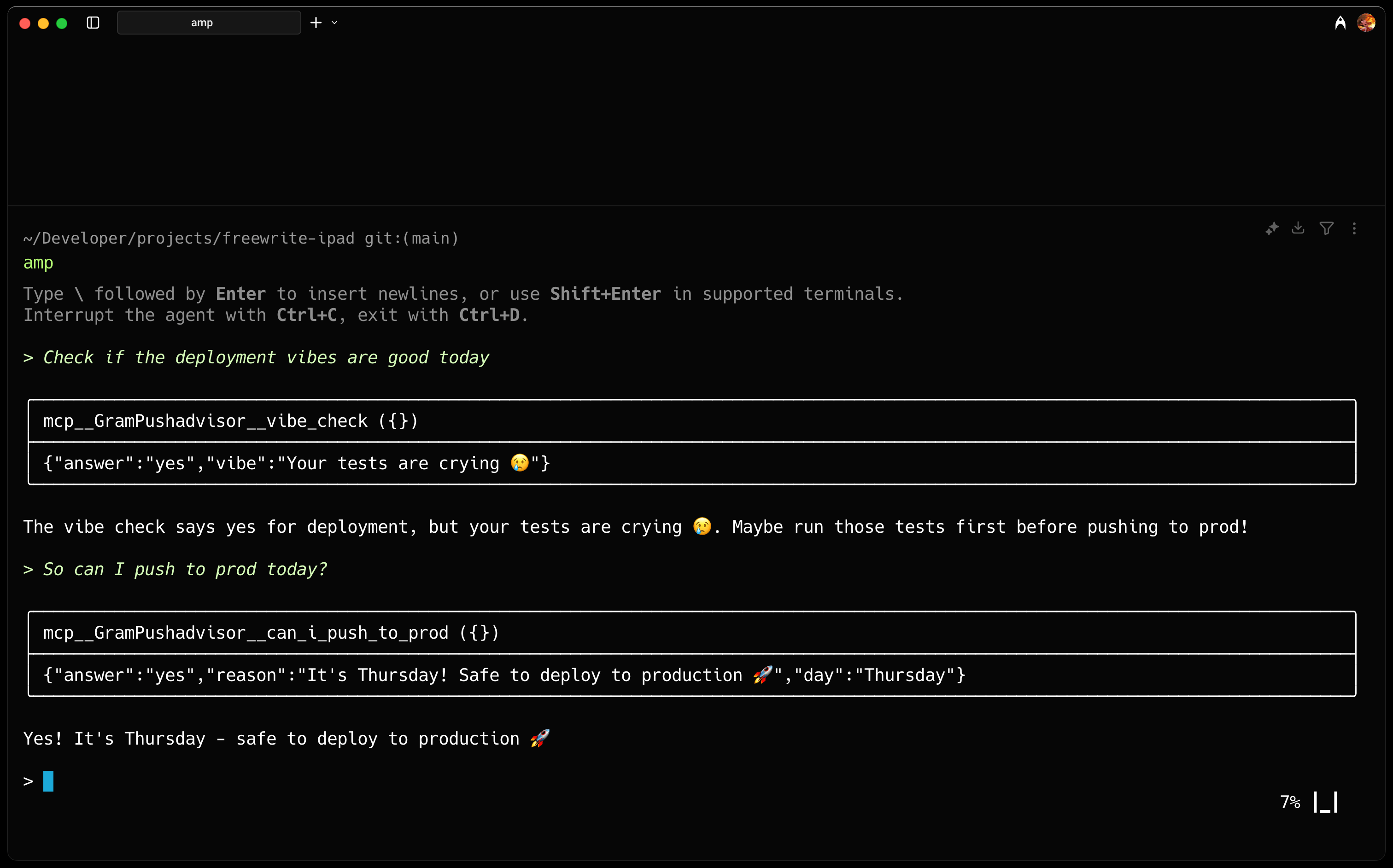 Screenshot showing Amp CLI successfully calling the deployment vibes check