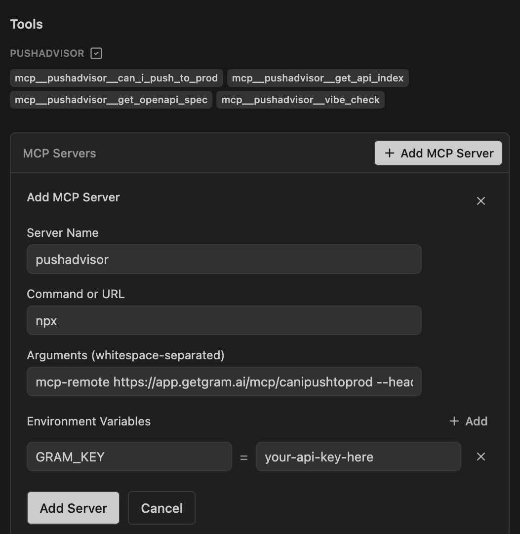 Screenshot showing the Amp MCP server configuration interface