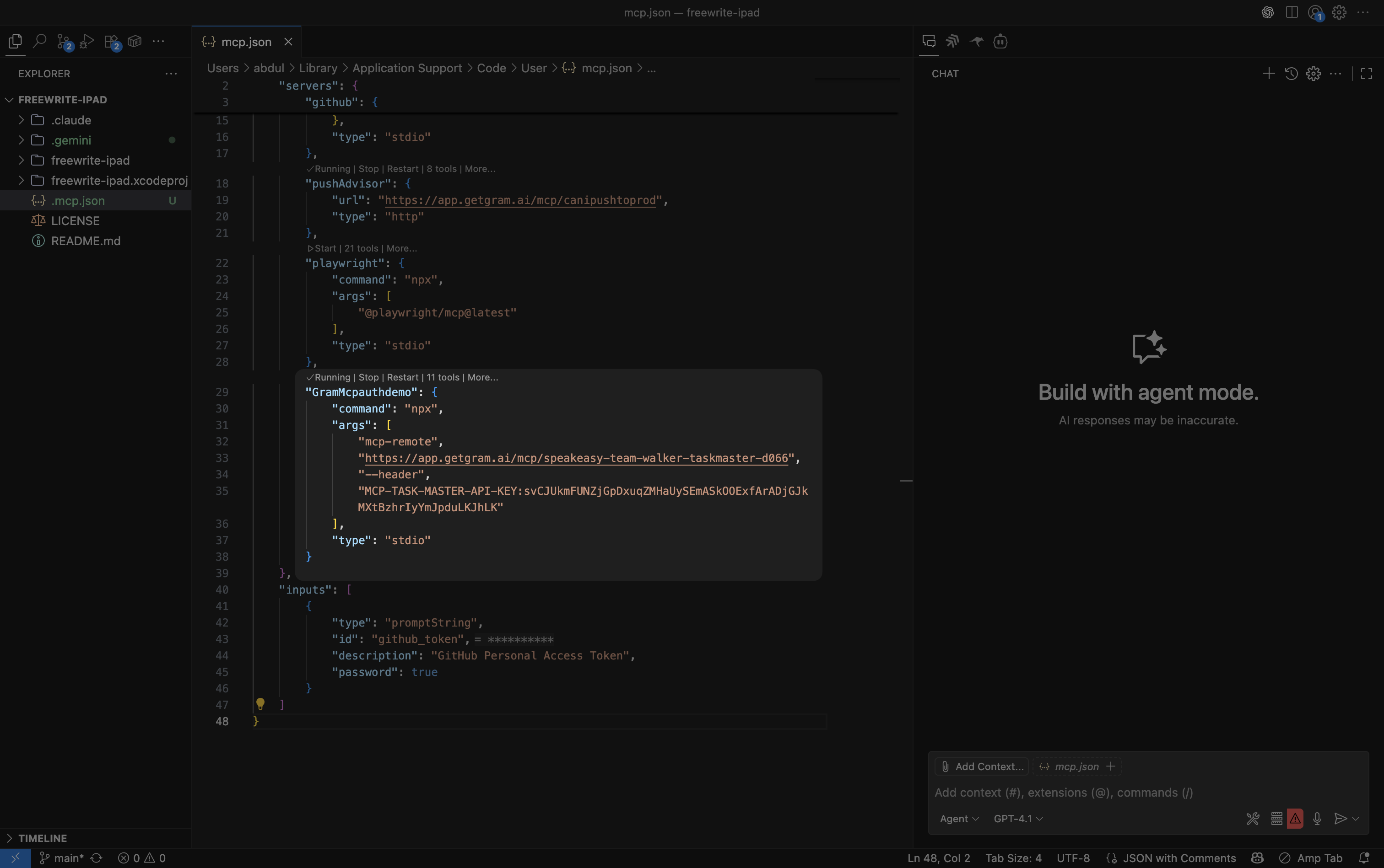 Screenshot showing the VS Code settings.json file with MCP server configuration