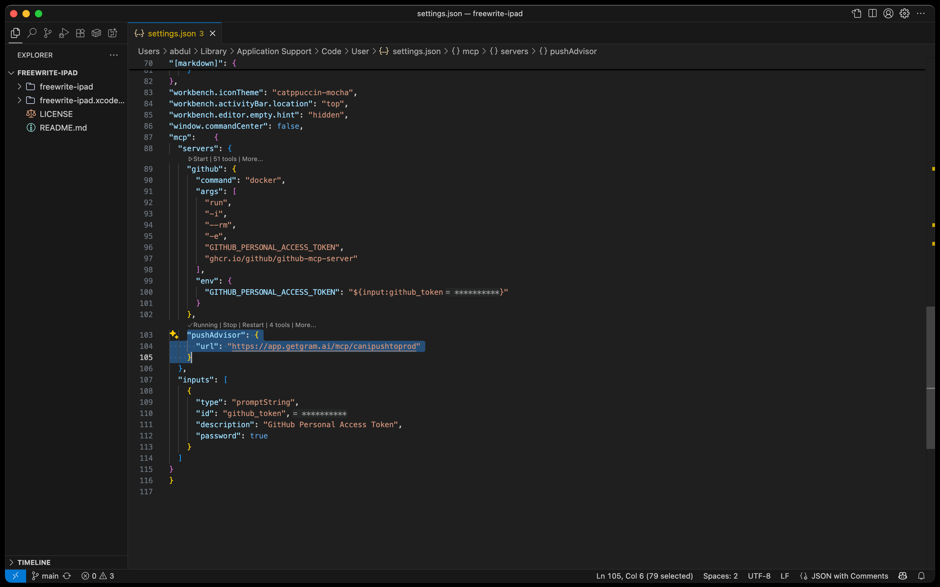 Screenshot showing the VS Code settings.json file with MCP server configuration