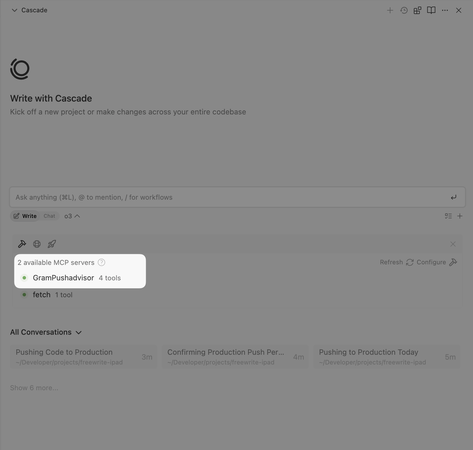 Screenshot showing the MCP server successfully installed in Windsurf