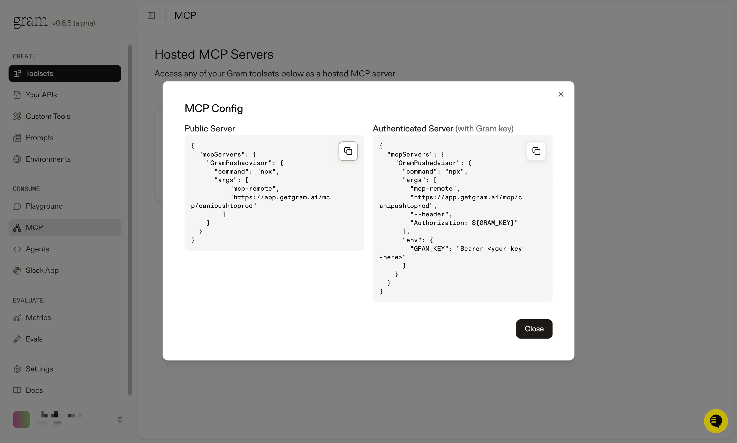 Screenshot showing the MCP server config dialog for the Push Advisor toolset
