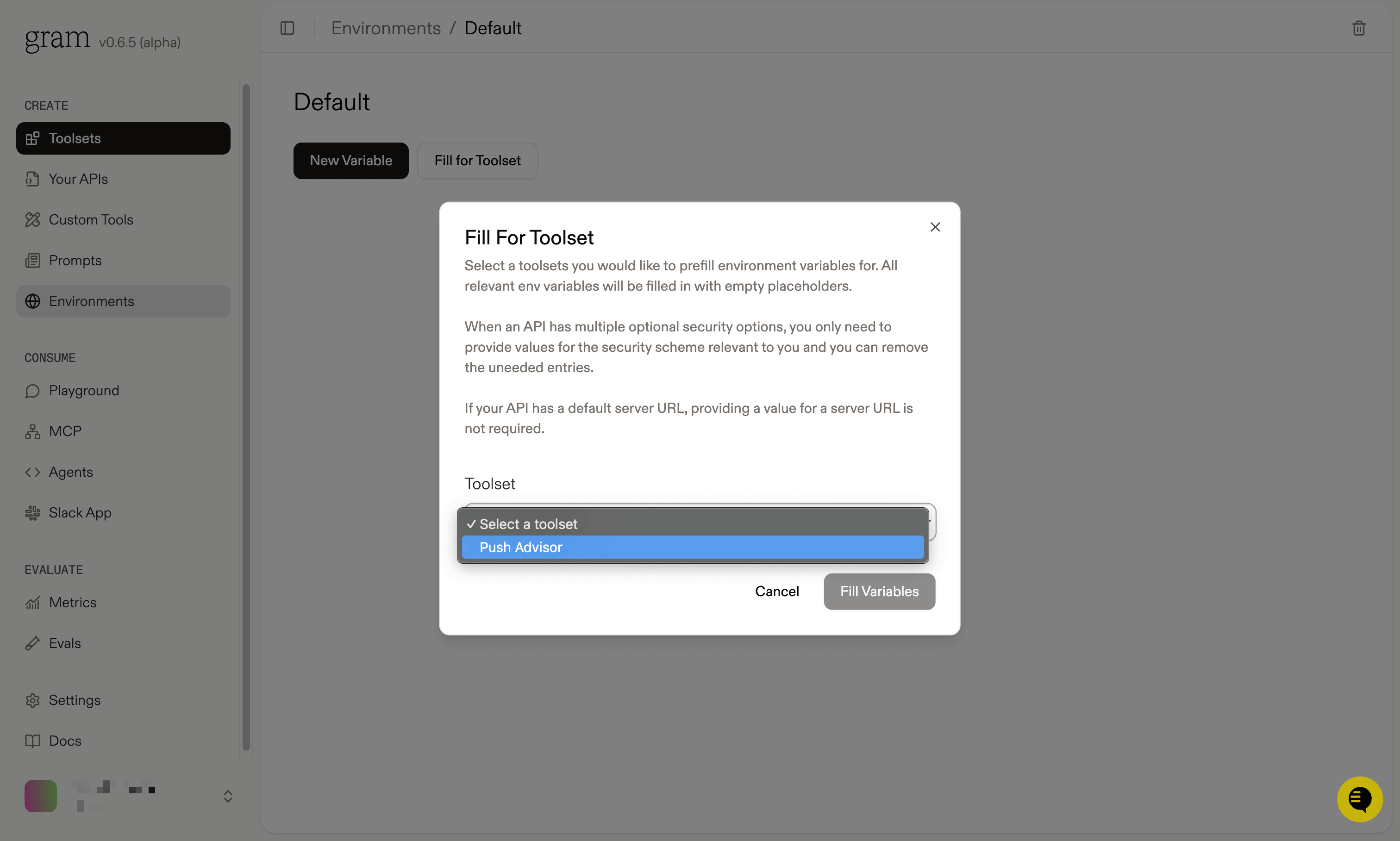 Screenshot showing the fill for toolset dialog to automatically populate required variables