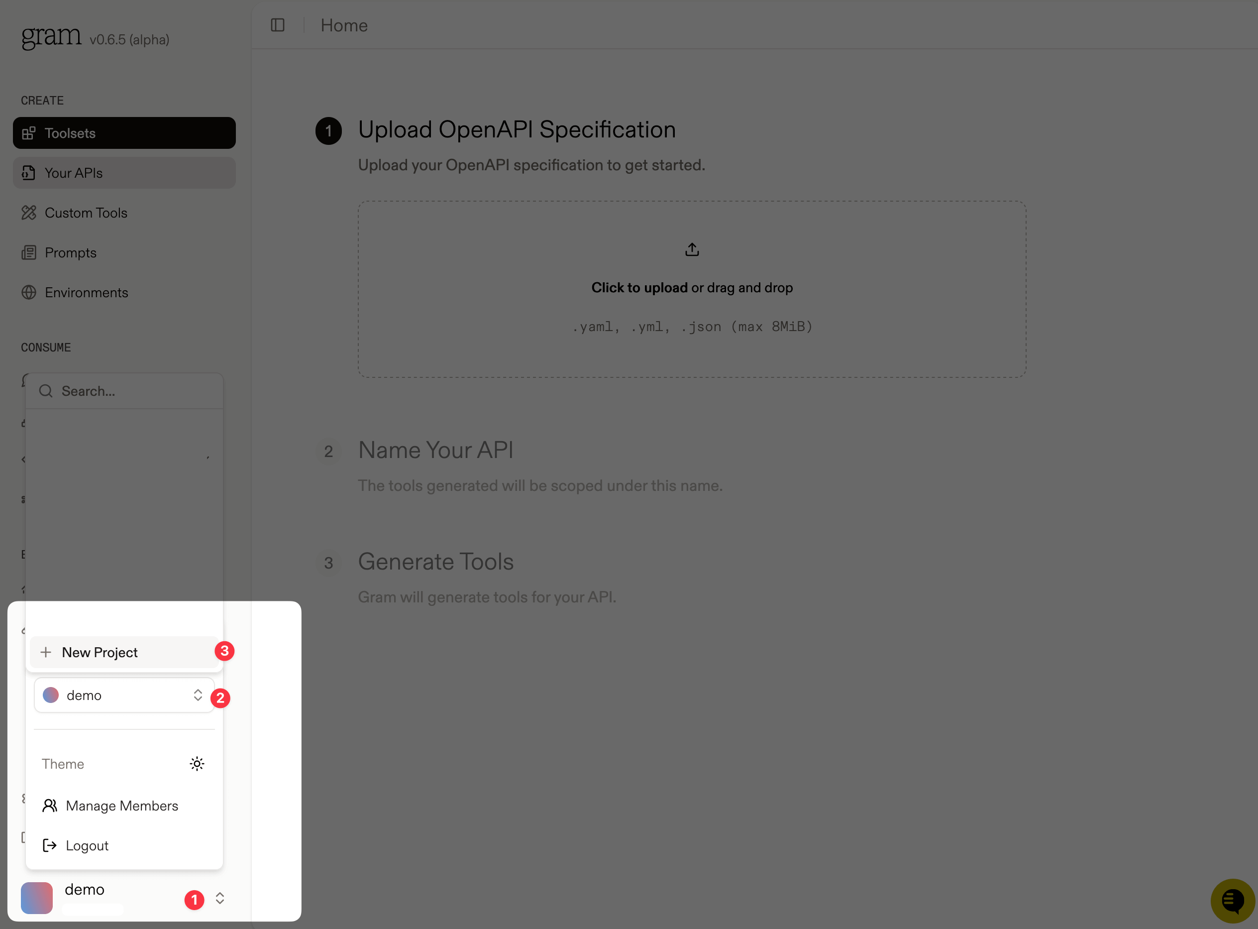 Screenshot of the Gram dashboard showing the New Project link