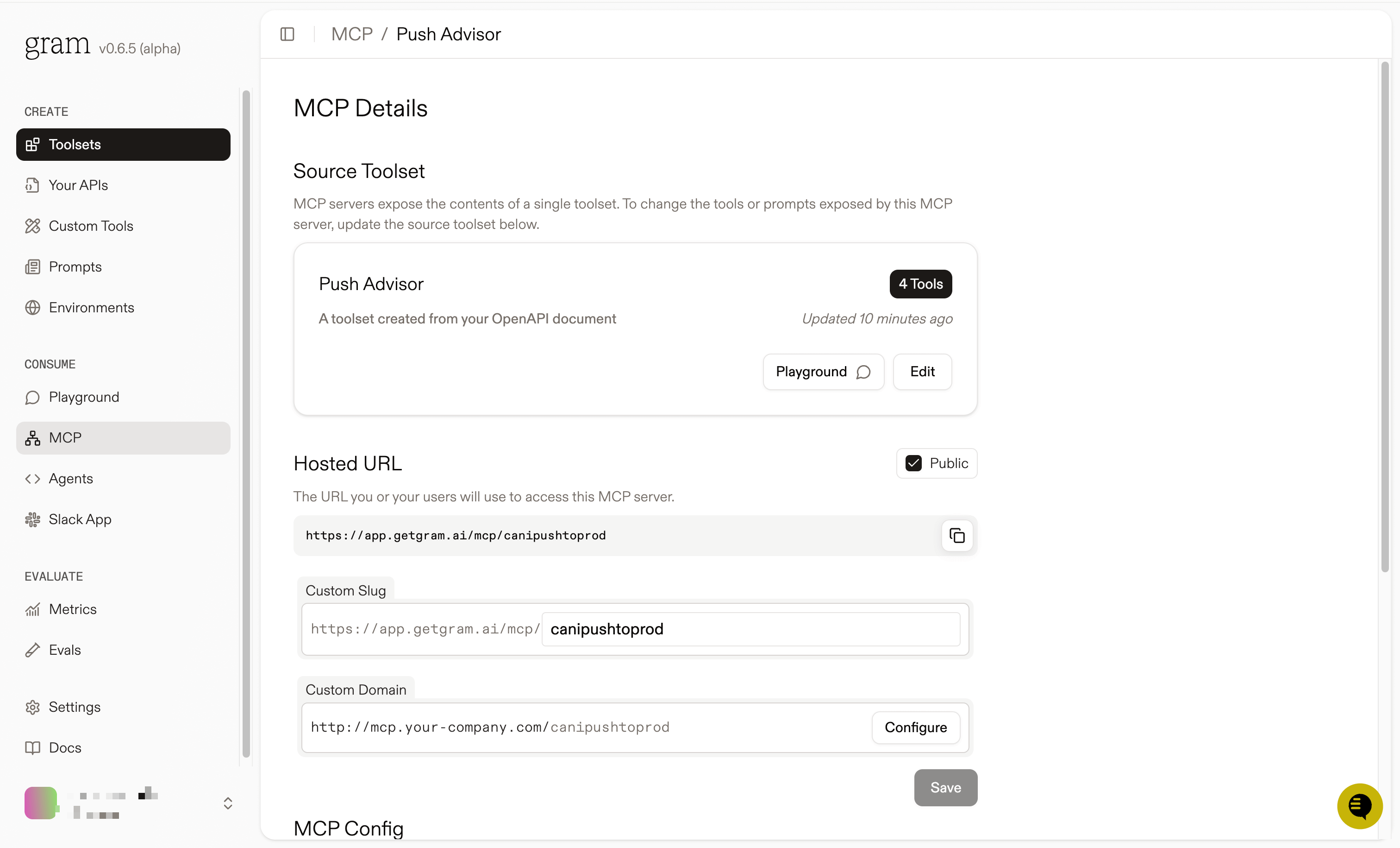 Screenshot of the MCP details page