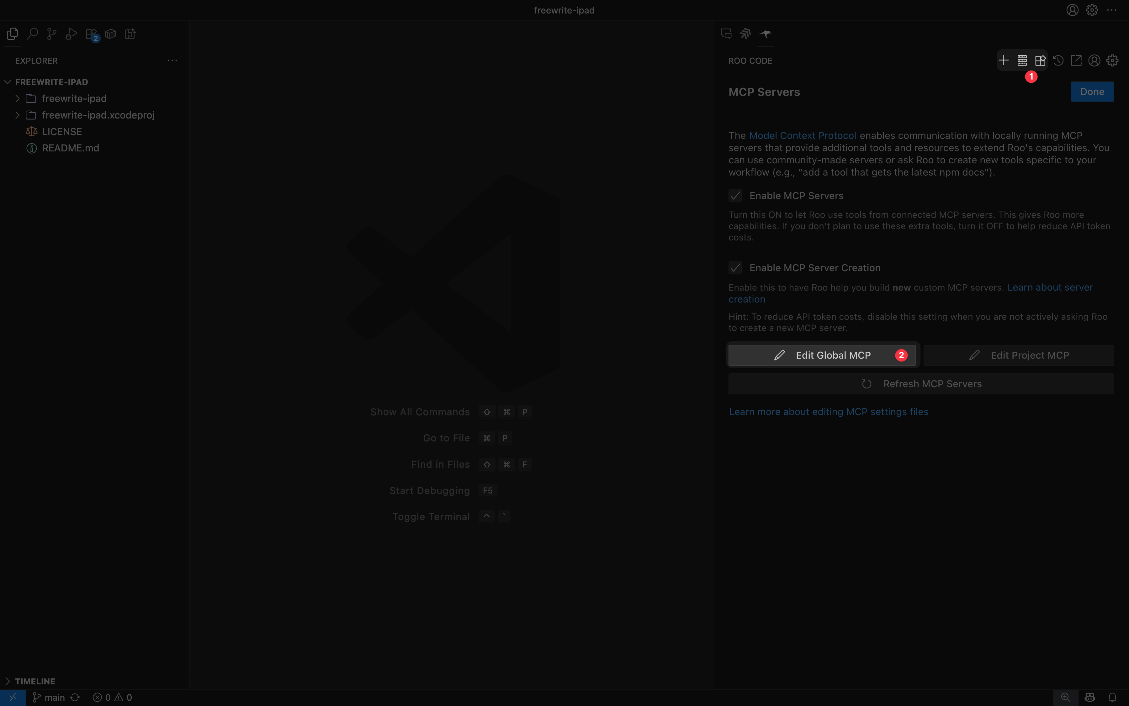 Screenshot showing the Roo Code Edit Global MCP button