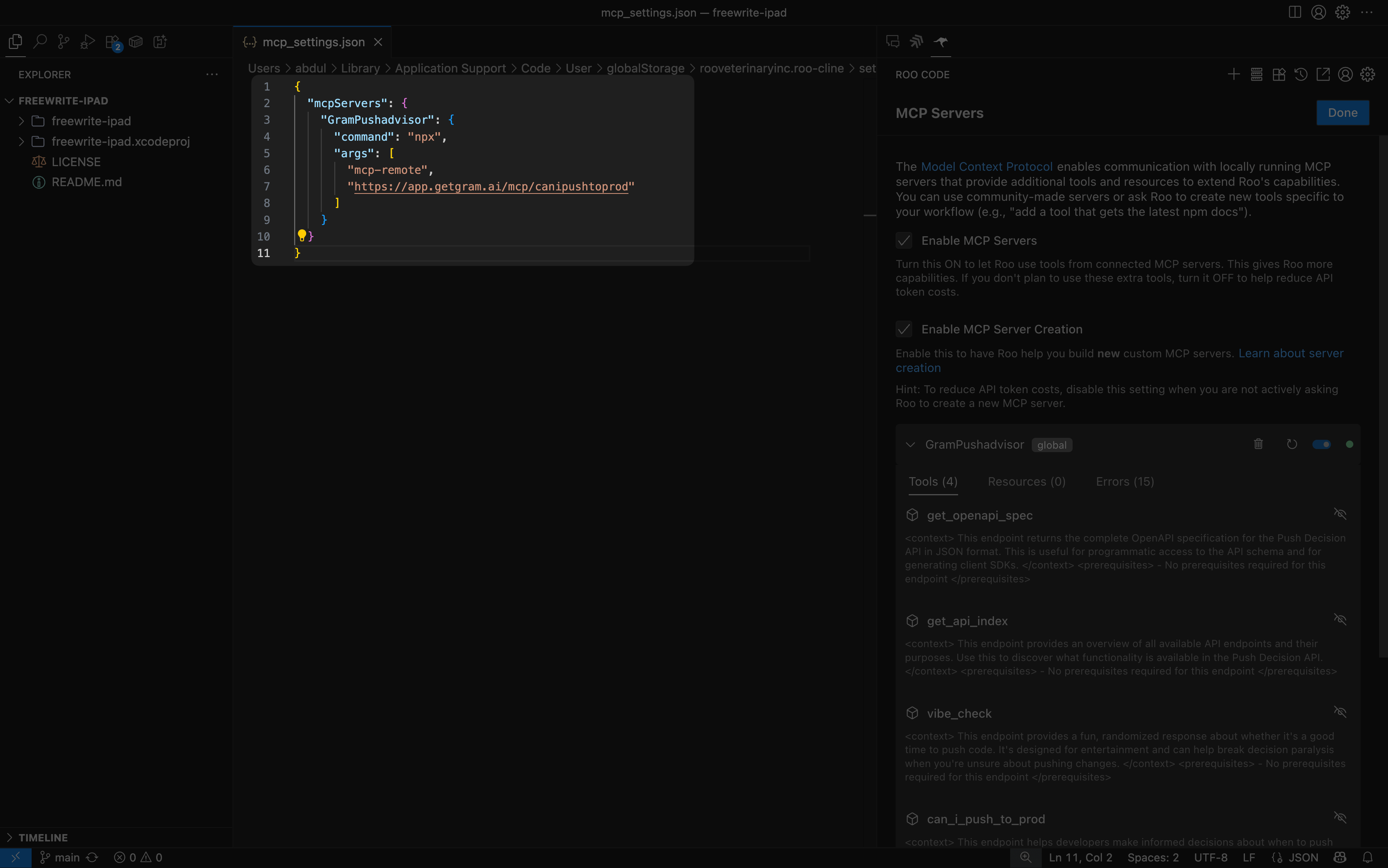 Screenshot showing the Roo Code MCP server mcp_settings.json file