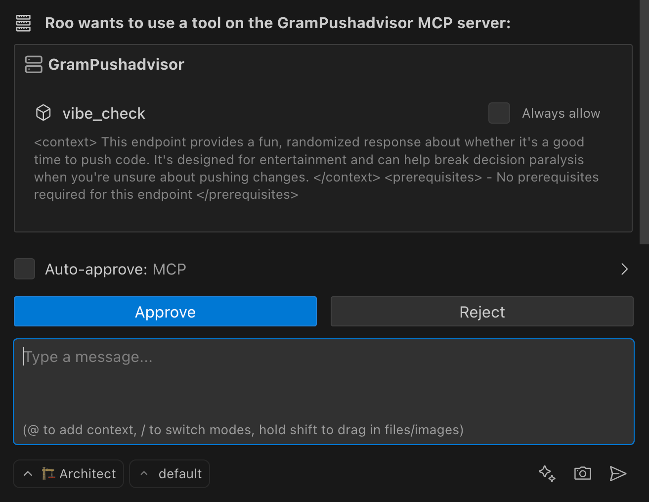 Screenshot showing Roo Code asking for permission to use the tool