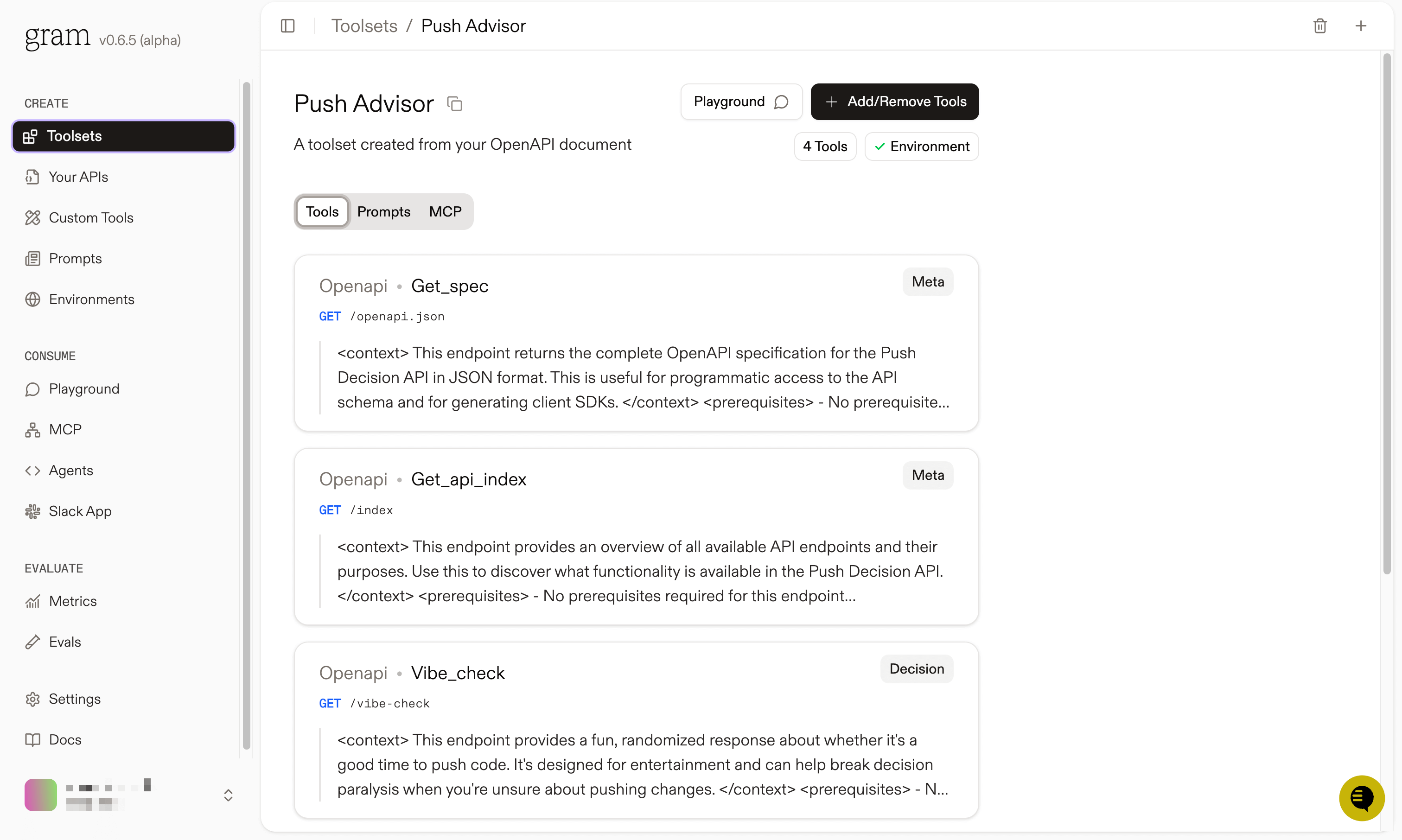 Screenshot of the Gram dashboard showing the Push Advisor toolset