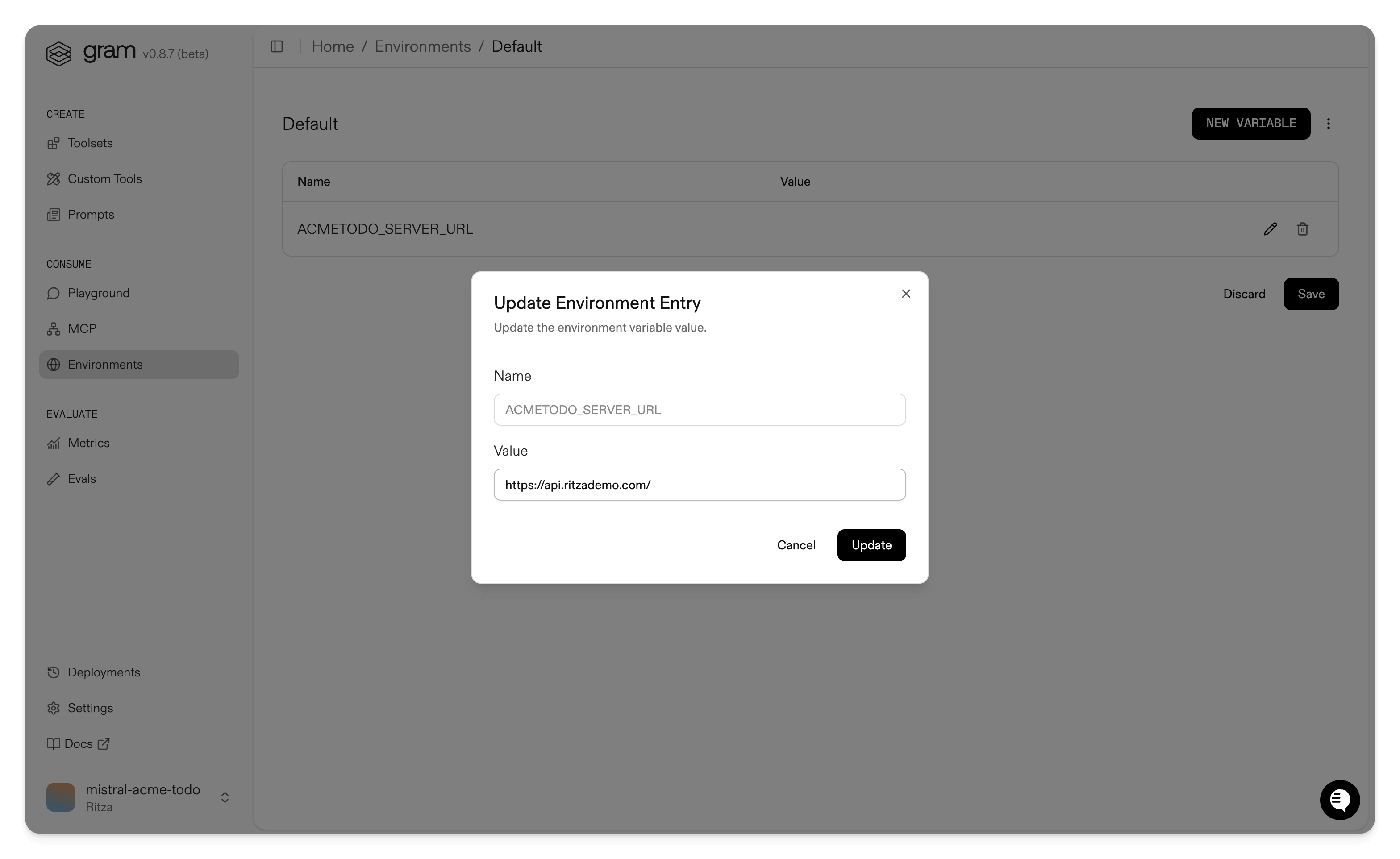 Screenshot showing setting the server URL environment variable