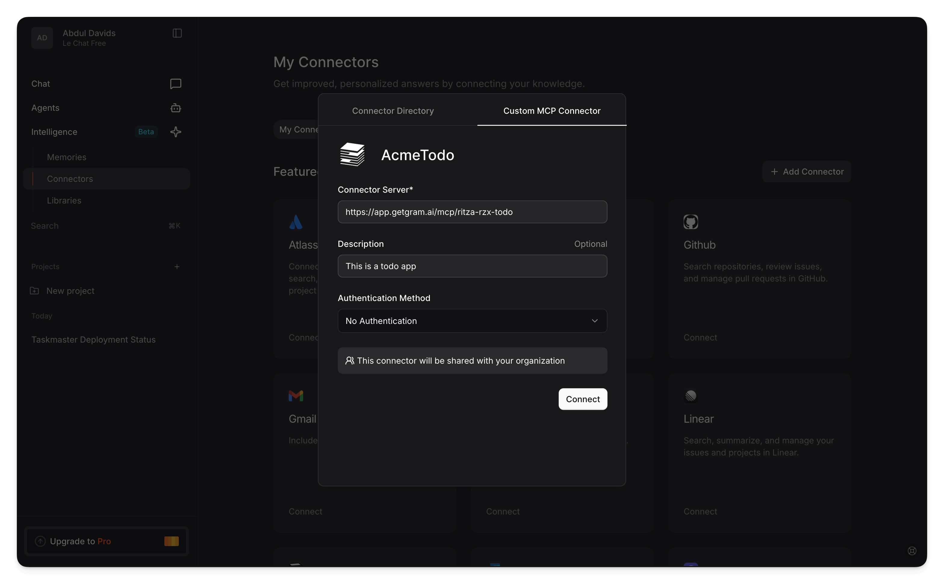Screenshot showing the Mistral Add Custom Connector dialog