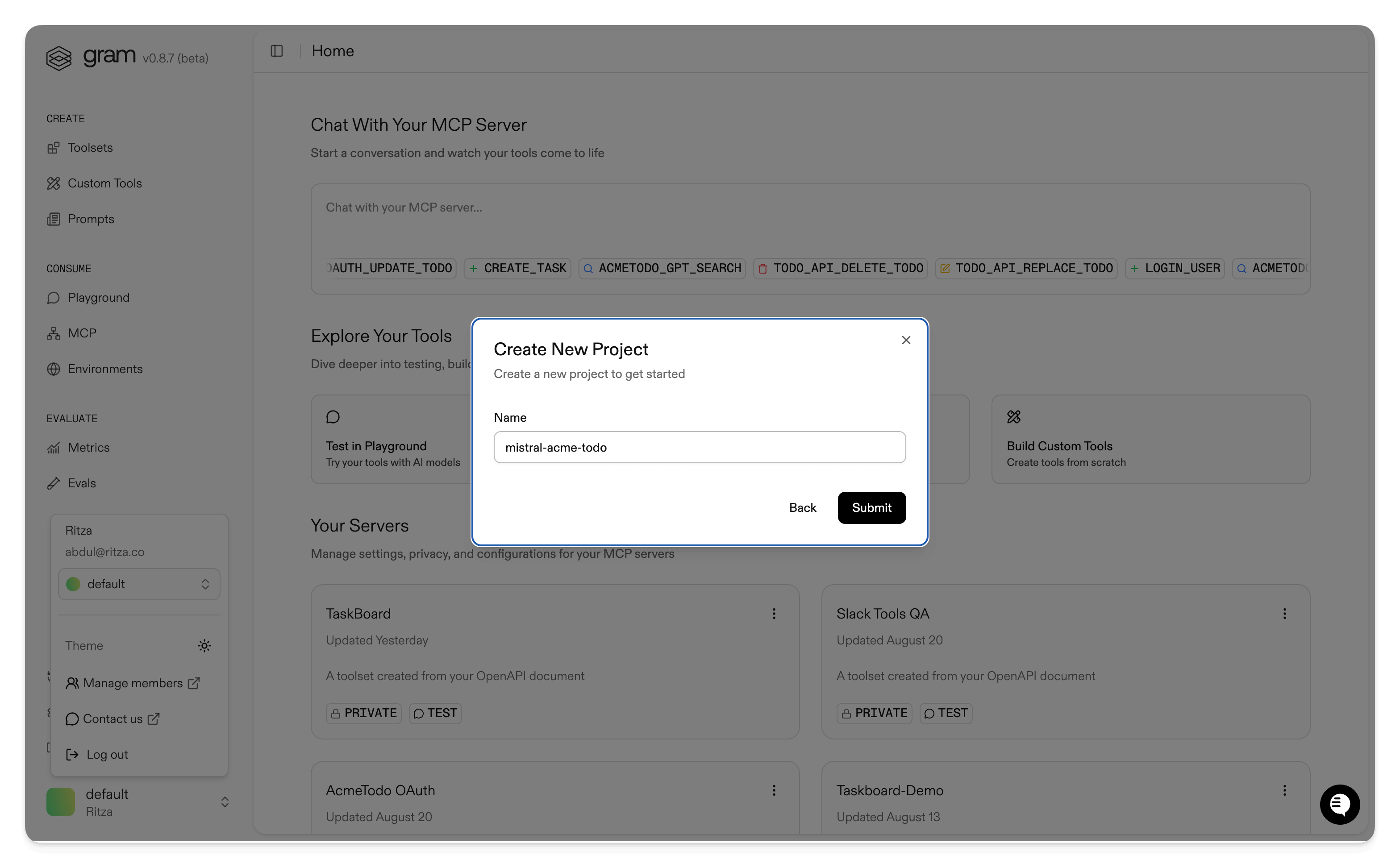 Screenshot of the Gram dashboard showing the New Project link