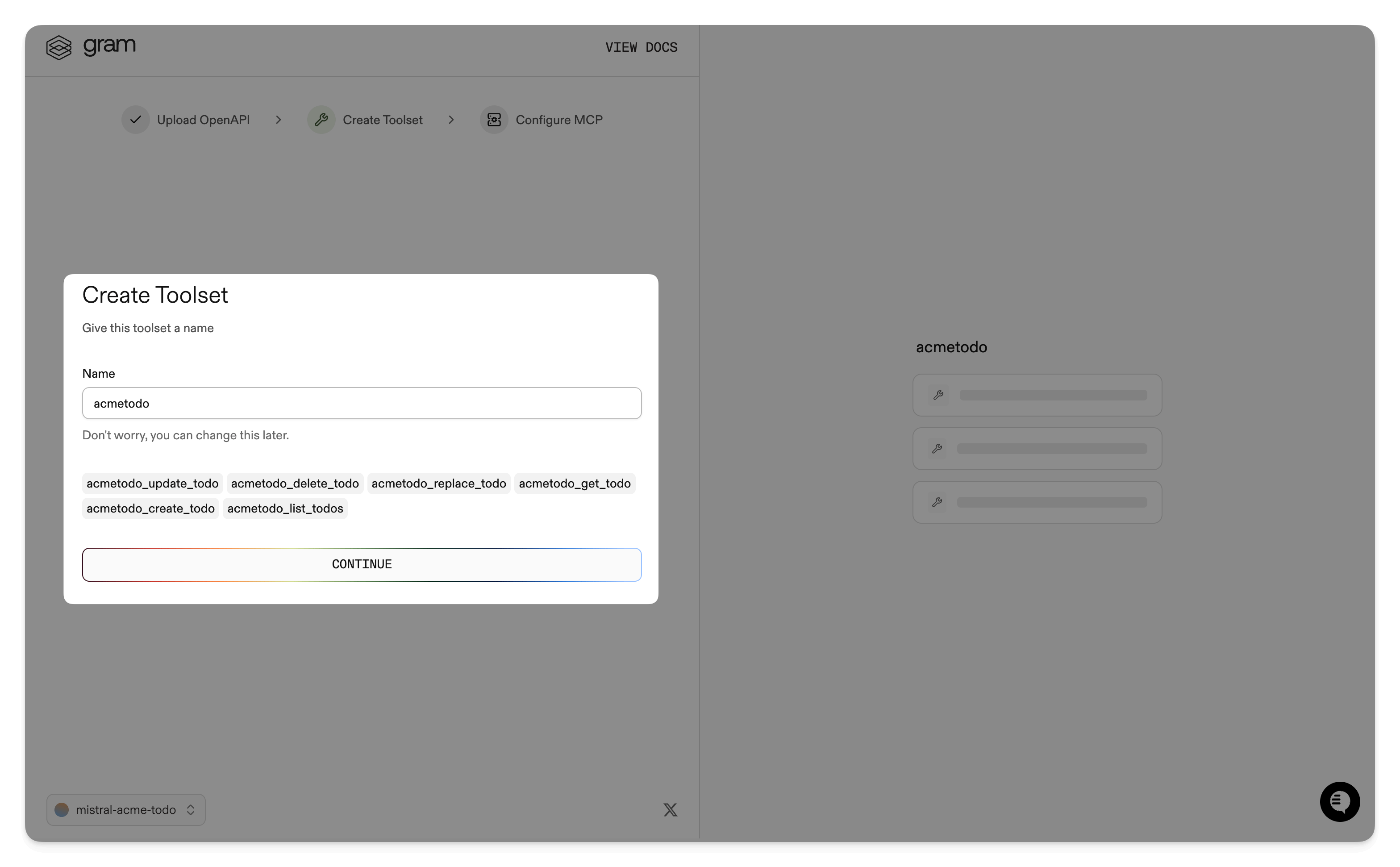 Screenshot of the create toolset dialog