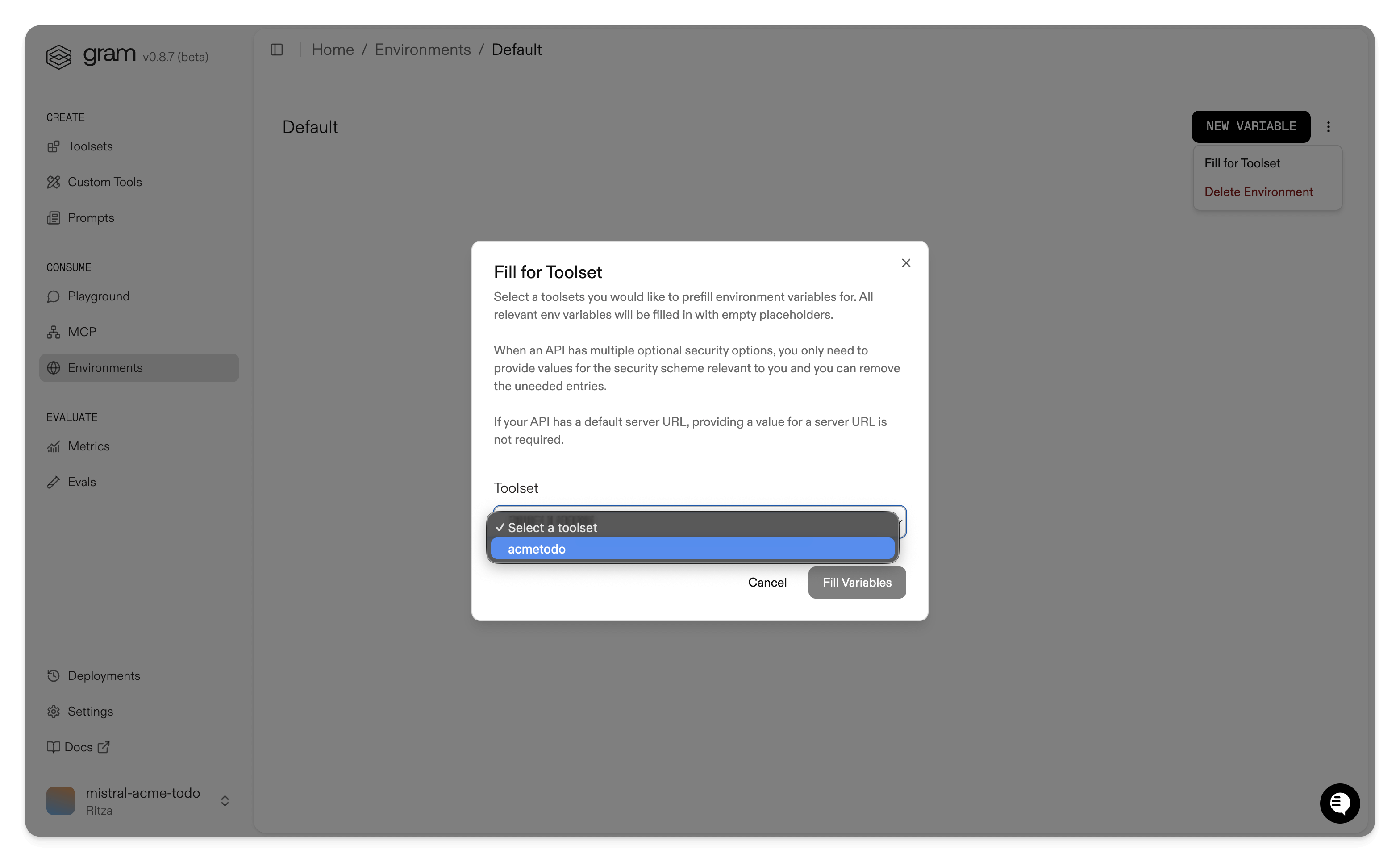 Screenshot showing the fill for toolset dialog to automatically populate required variables