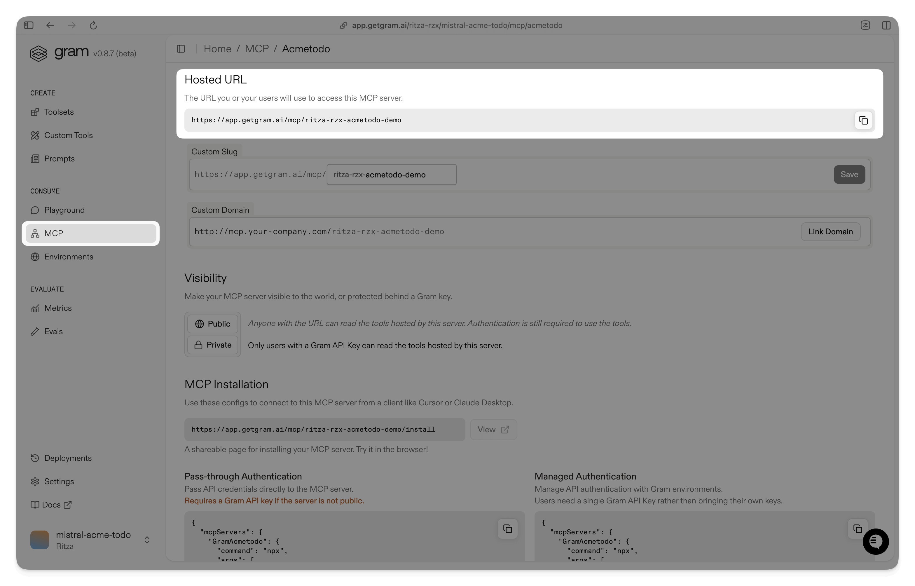 Screenshot showing the MCP server config dialog for the Acme Todo toolset