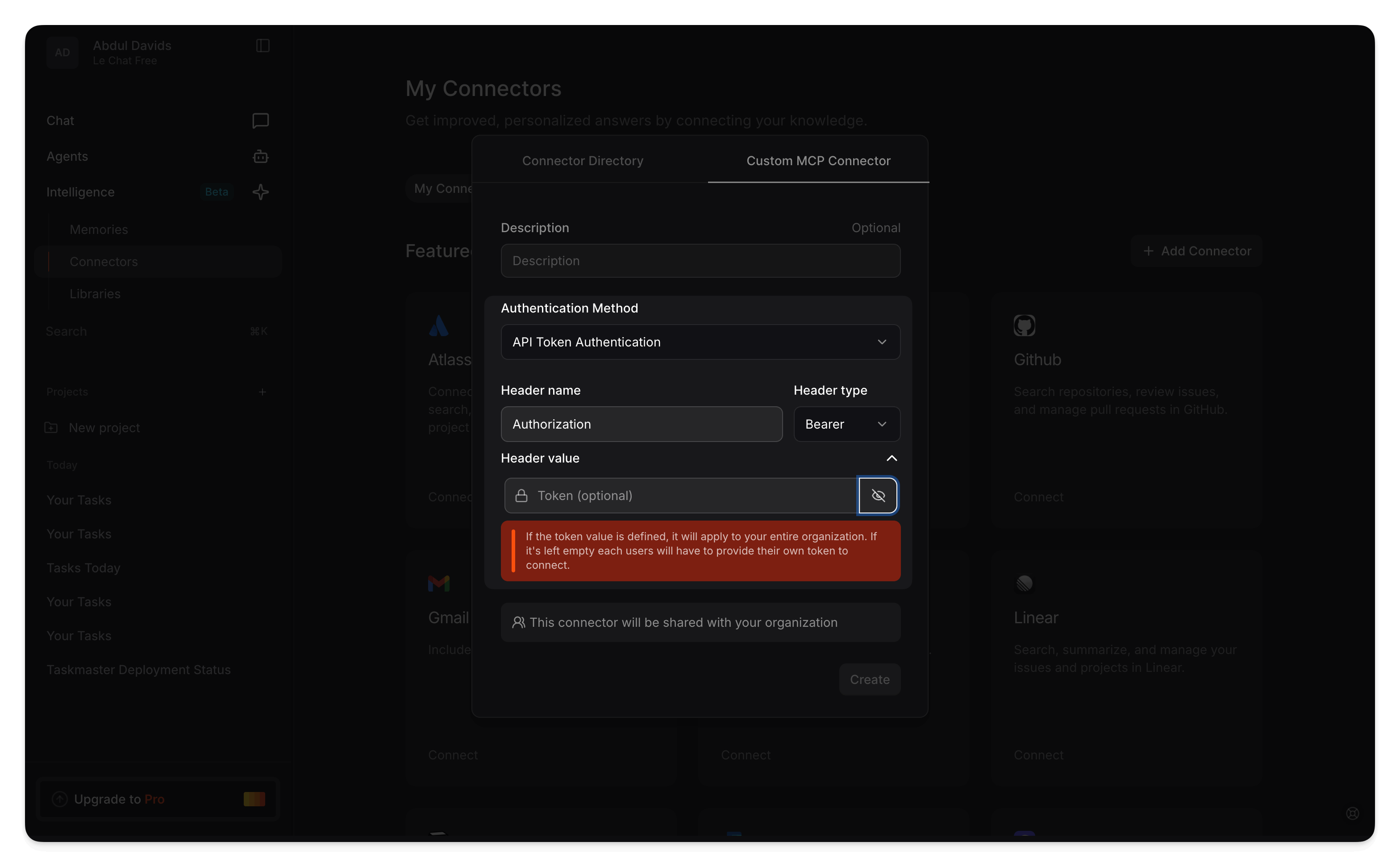 Screenshot showing the Mistral Add Custom Connector dialog with API Token Authentication selected