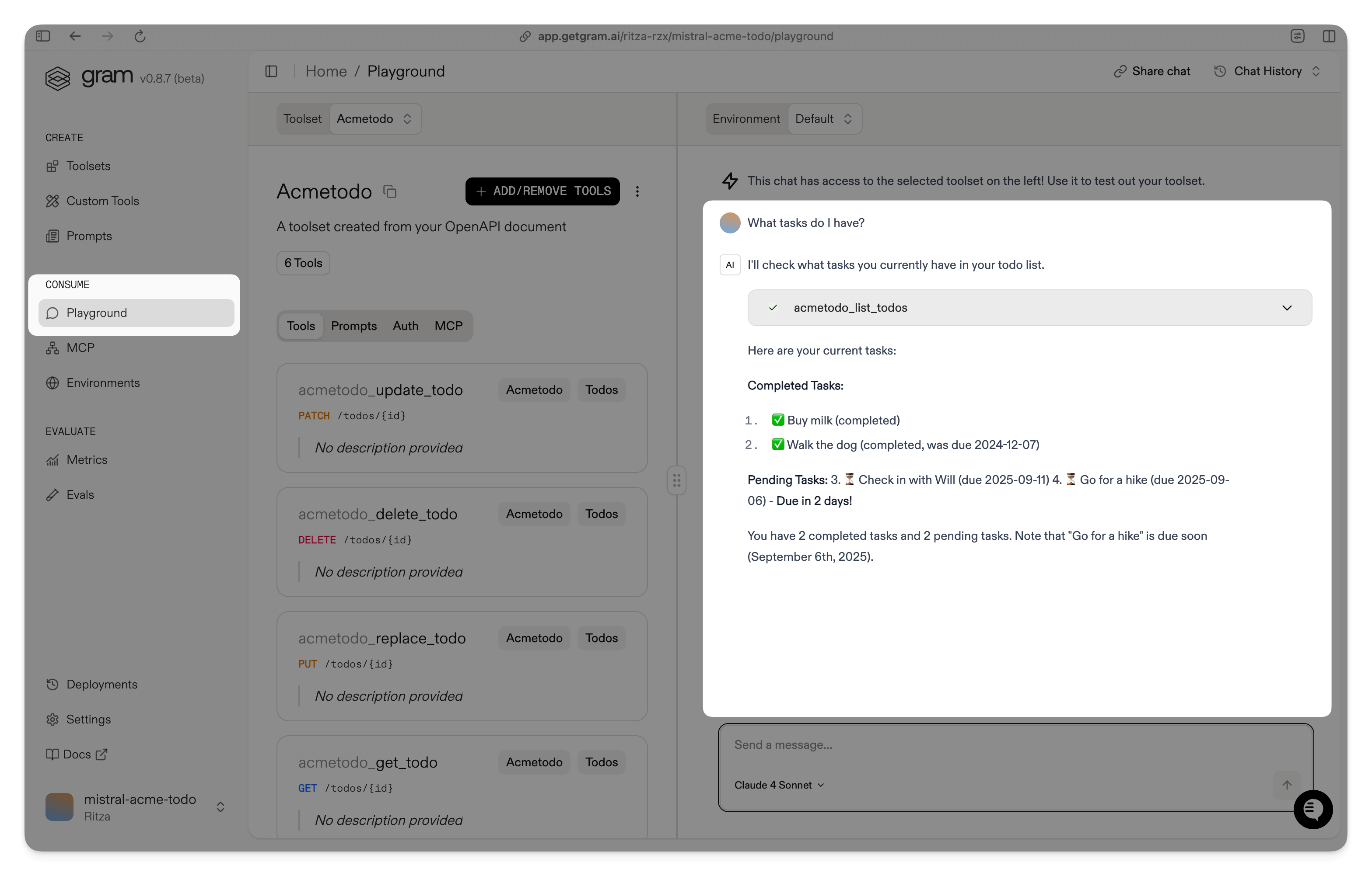 Screenshot showing how to test an MCP server in the Gram Playground