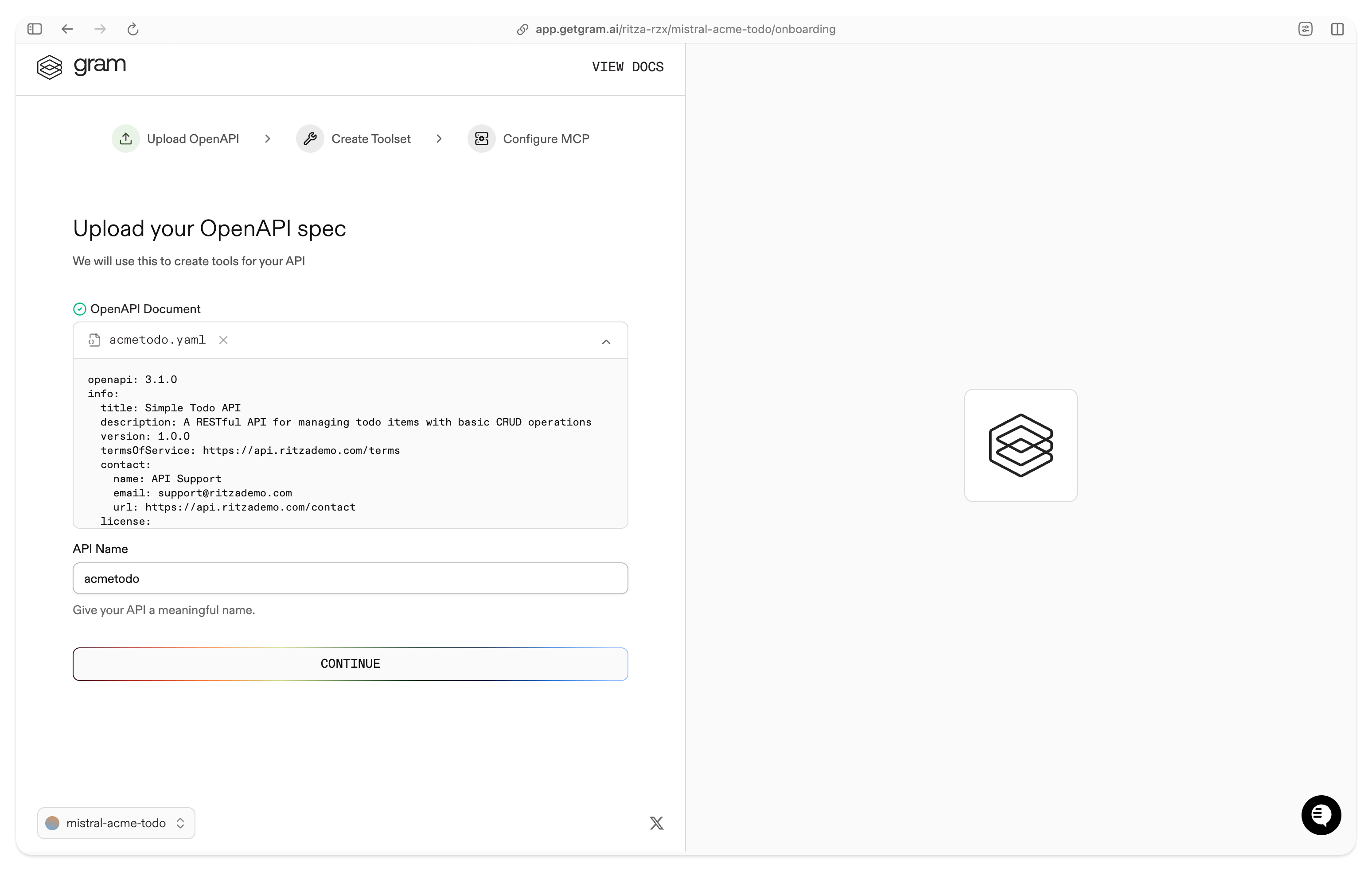 Screenshot of the upload your OpenAPI spec dialog
