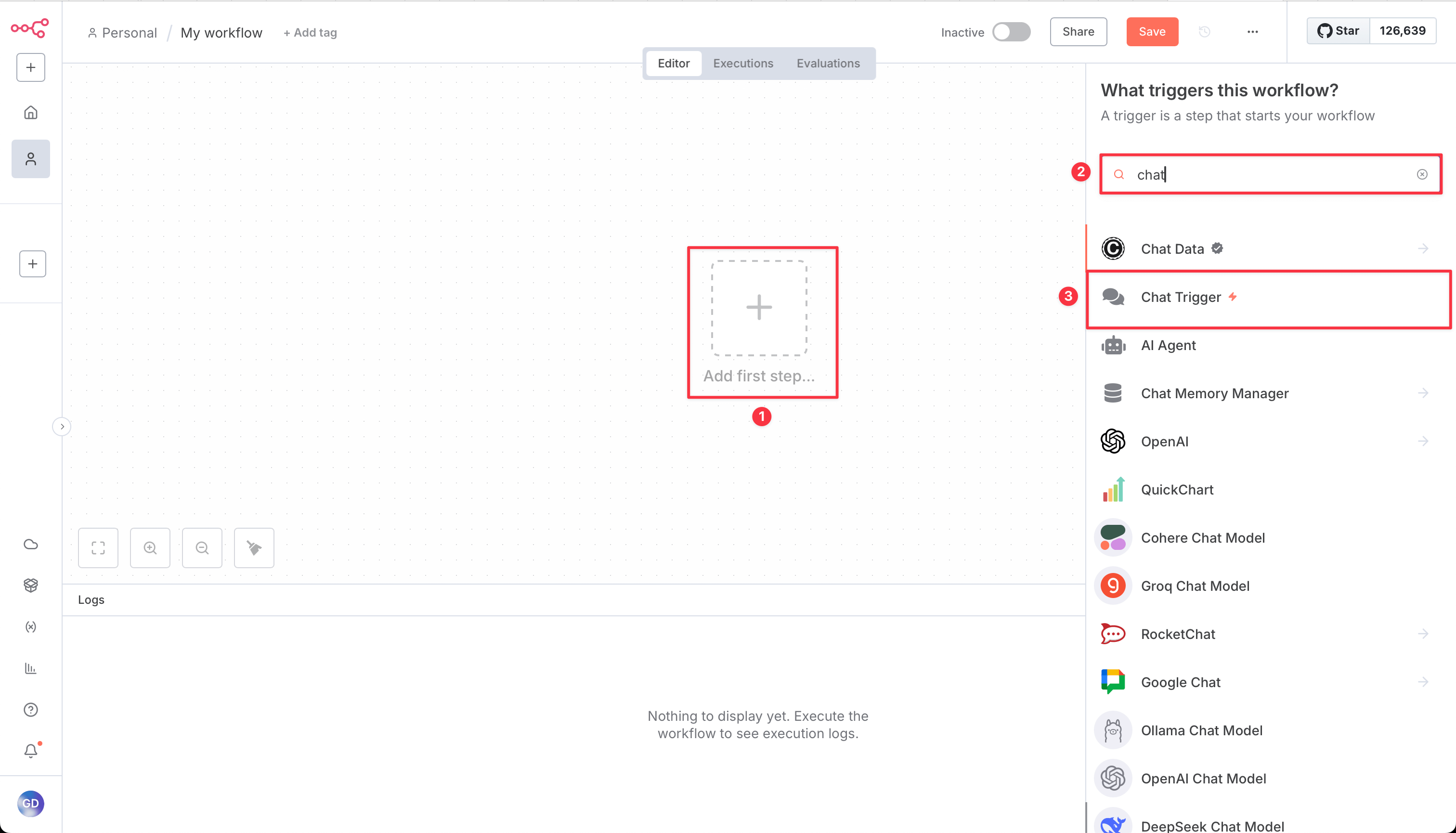 Screenshot showing how to add a Chat Trigger node in n8n