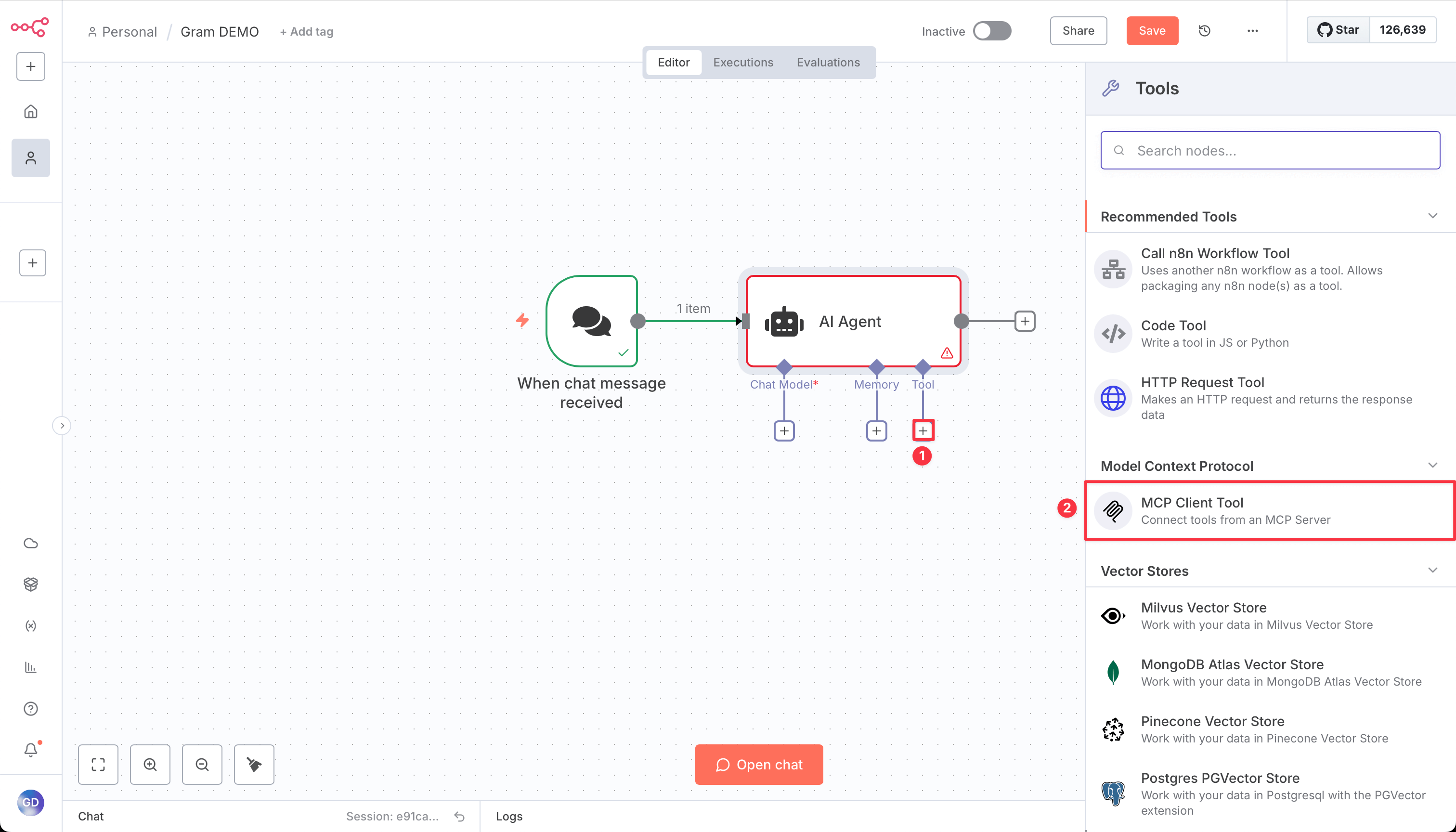 Screenshot showing how to add the MCP Client tool