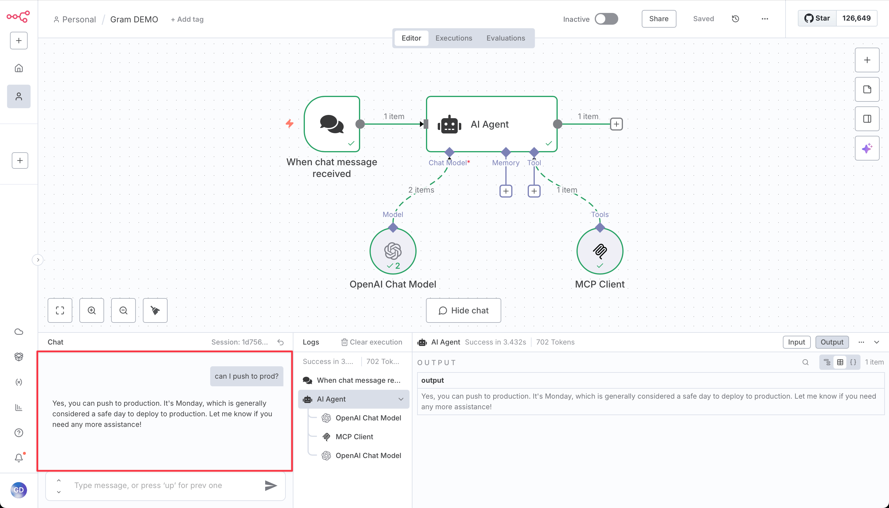 Screenshot showing the final chat interface with a user asking about pushing to production